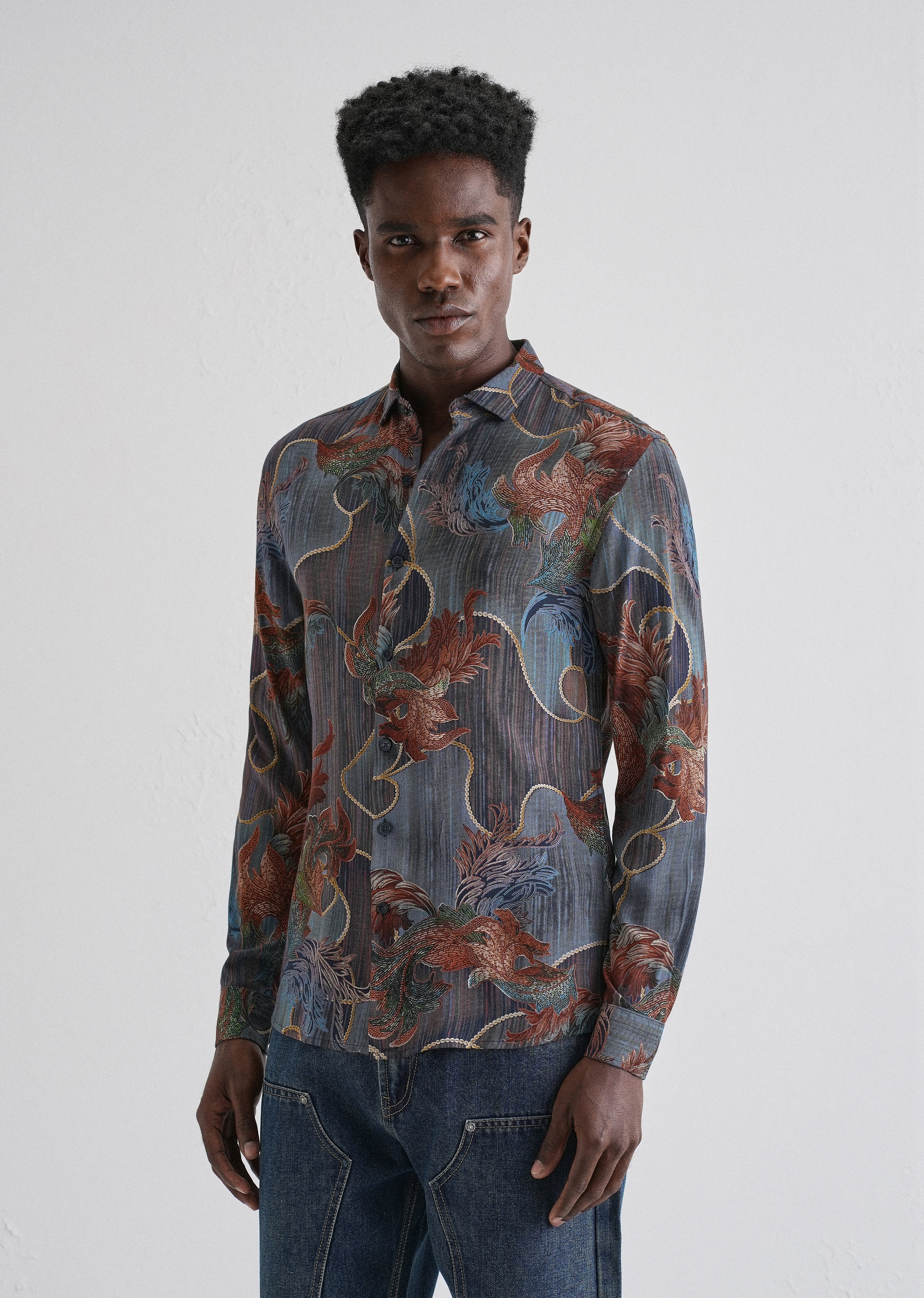 Indigenous Orange Print Feather Shirt