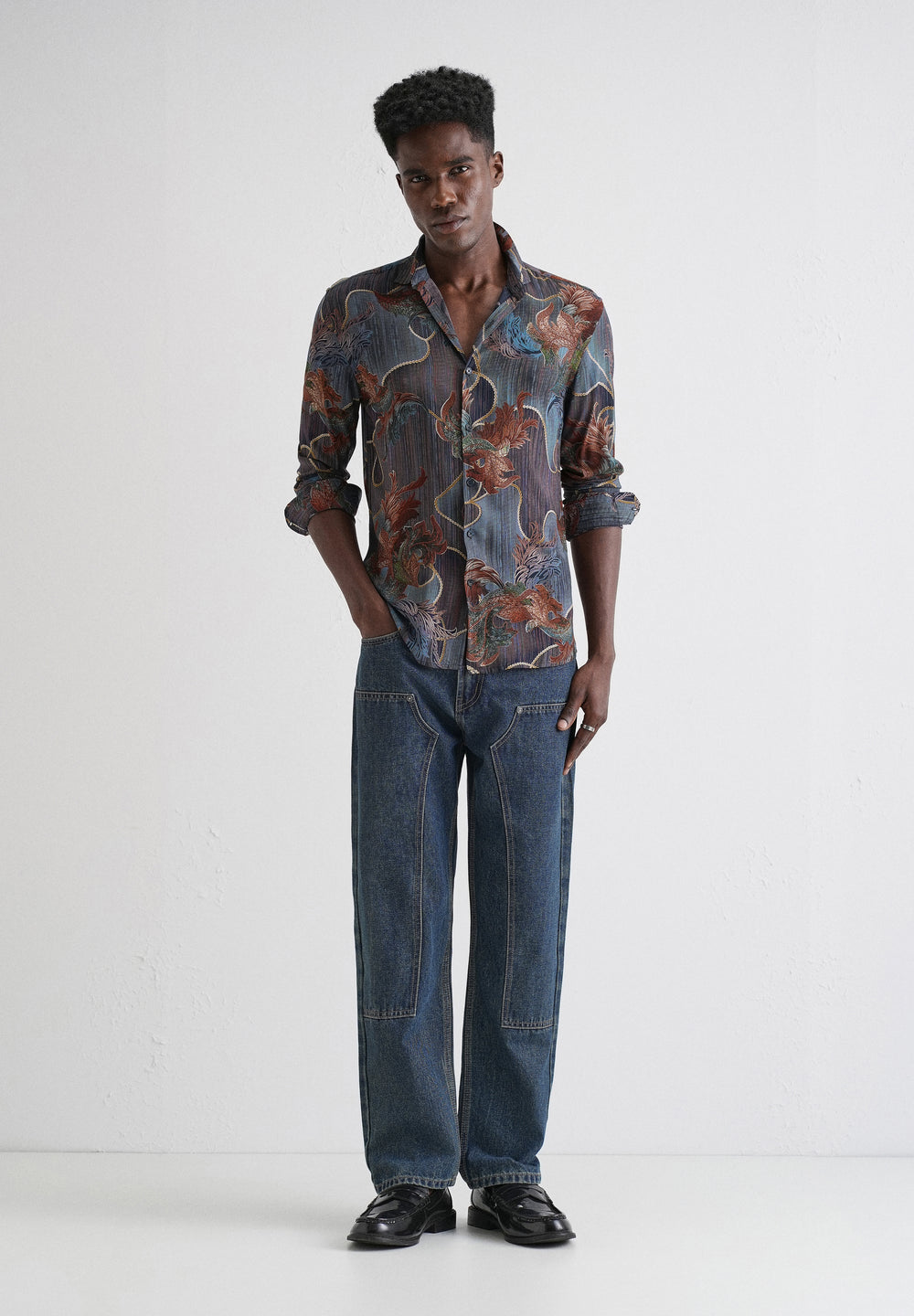 Indigenous Orange Print Feather Shirt