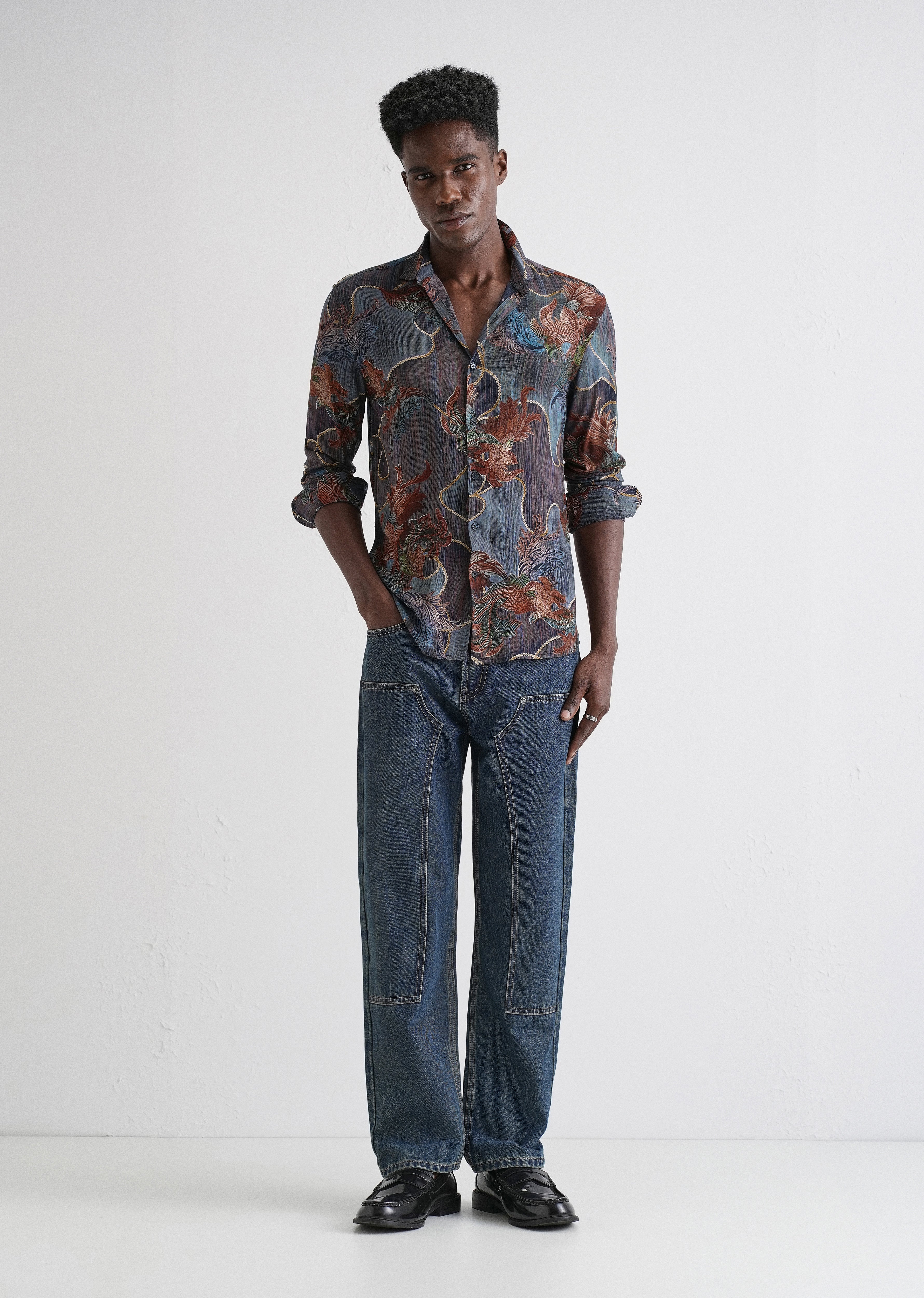 Indigenous Orange Print Feather Shirt