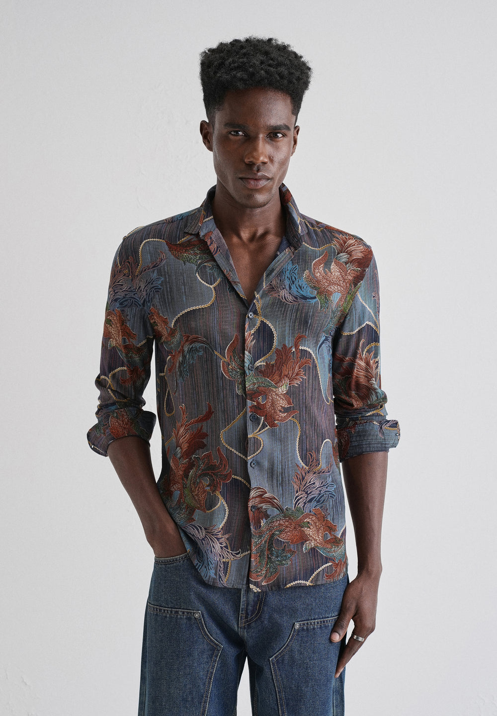 Indigenous Orange Print Feather Shirt