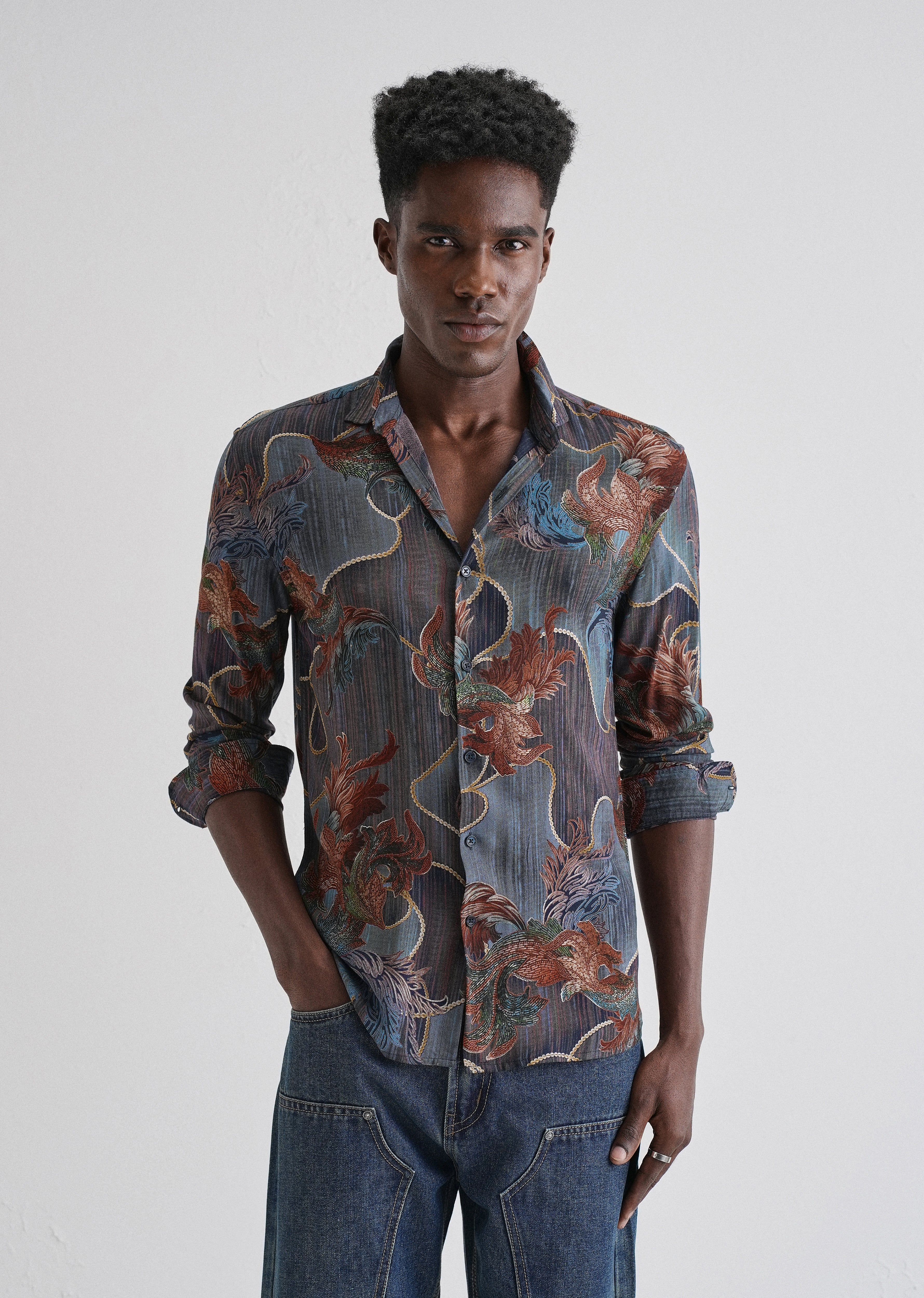 Indigenous Orange Print Feather Shirt