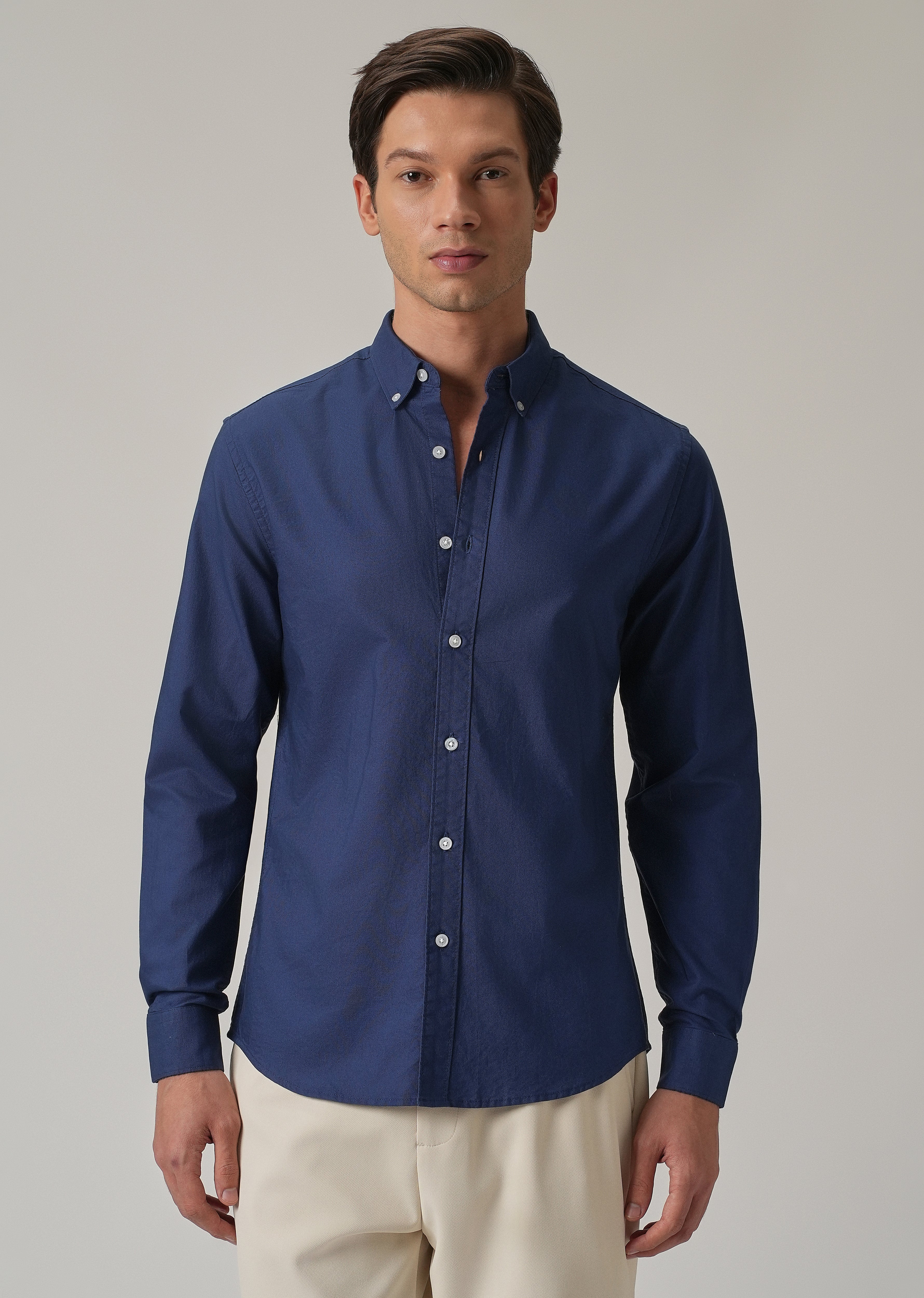 Indigo Blue Plain Elbow Patch Oxford Shirt