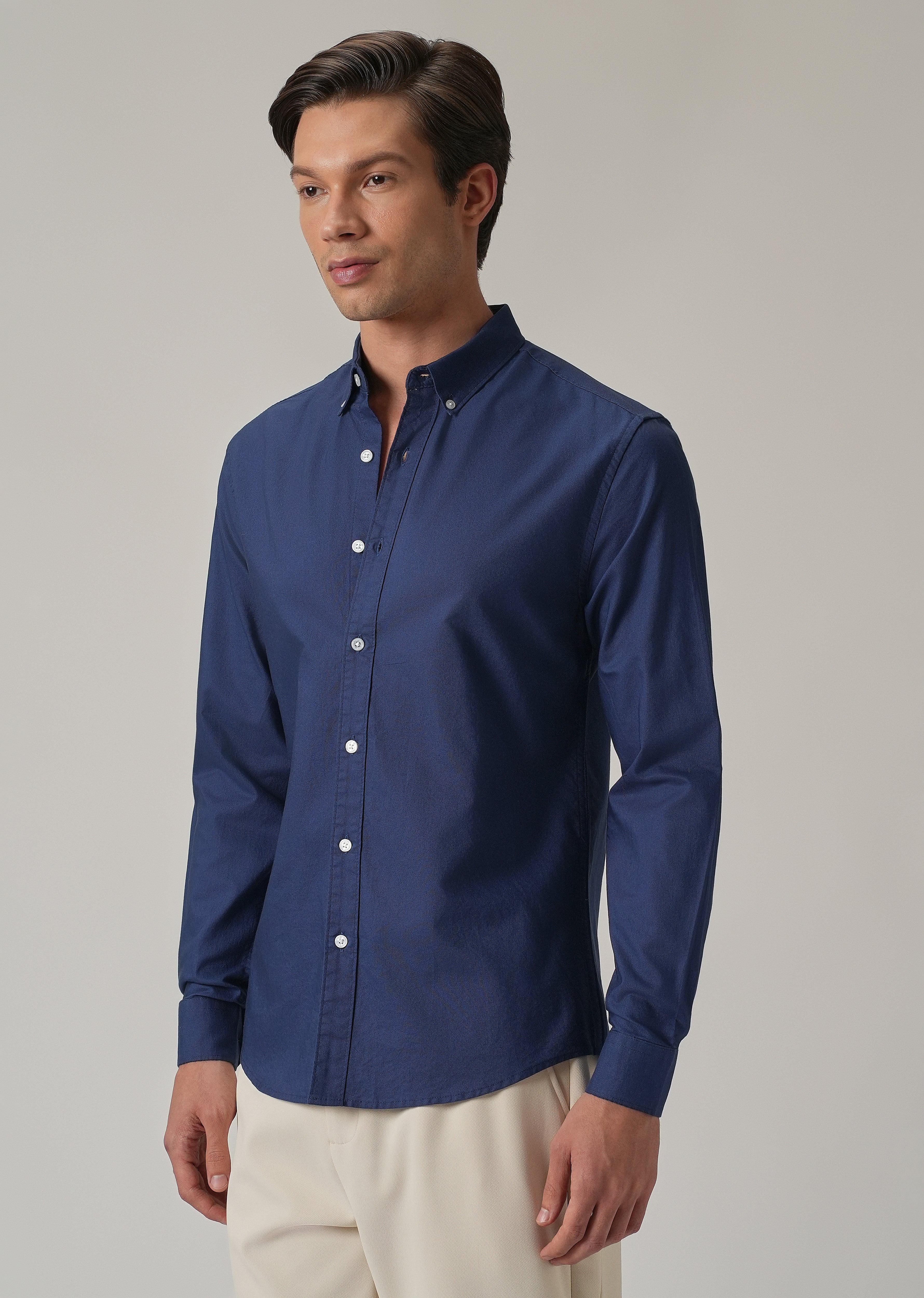 Indigo Blue Plain Elbow Patch Oxford Shirt