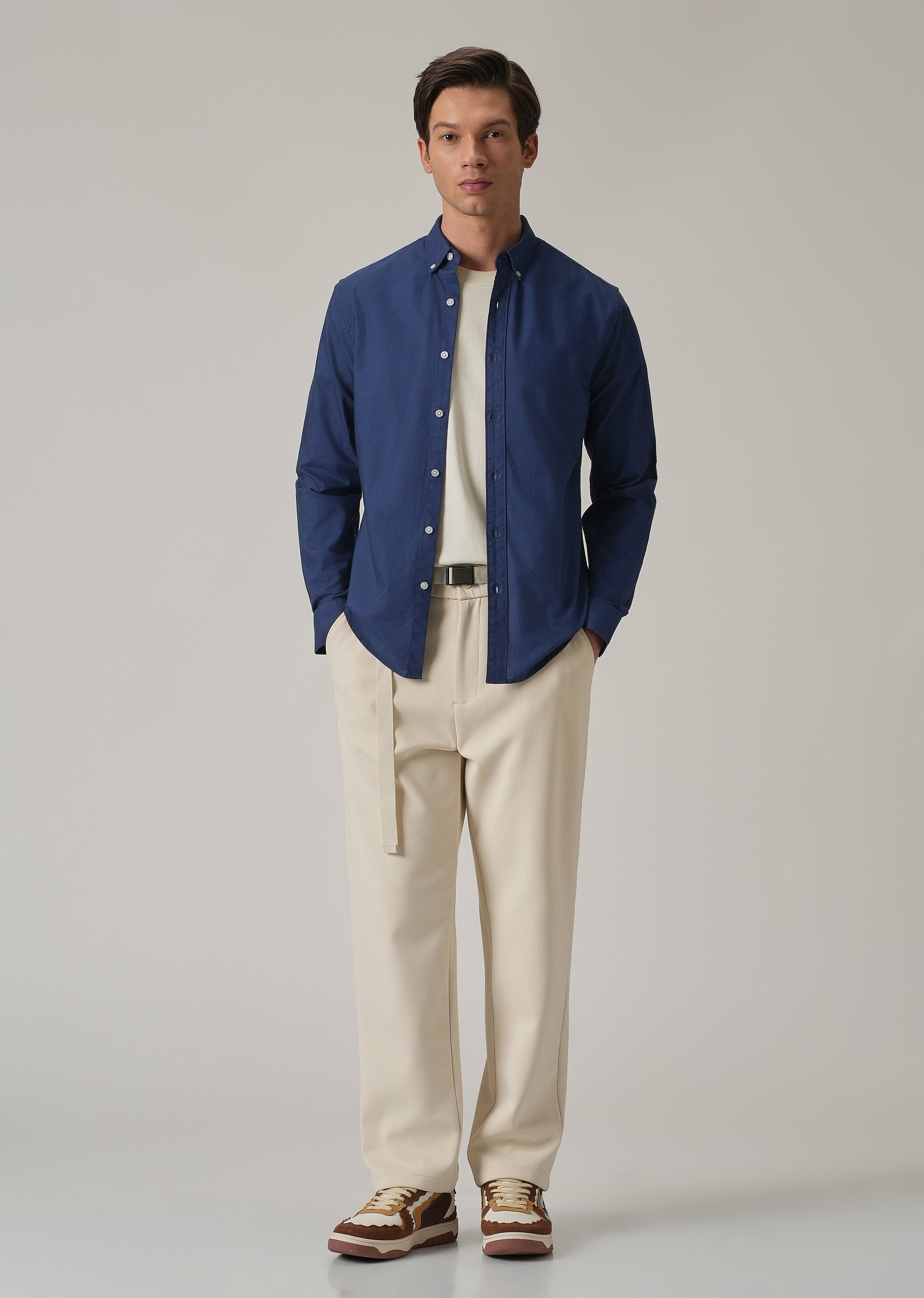 Indigo Blue Plain Elbow Patch Oxford Shirt