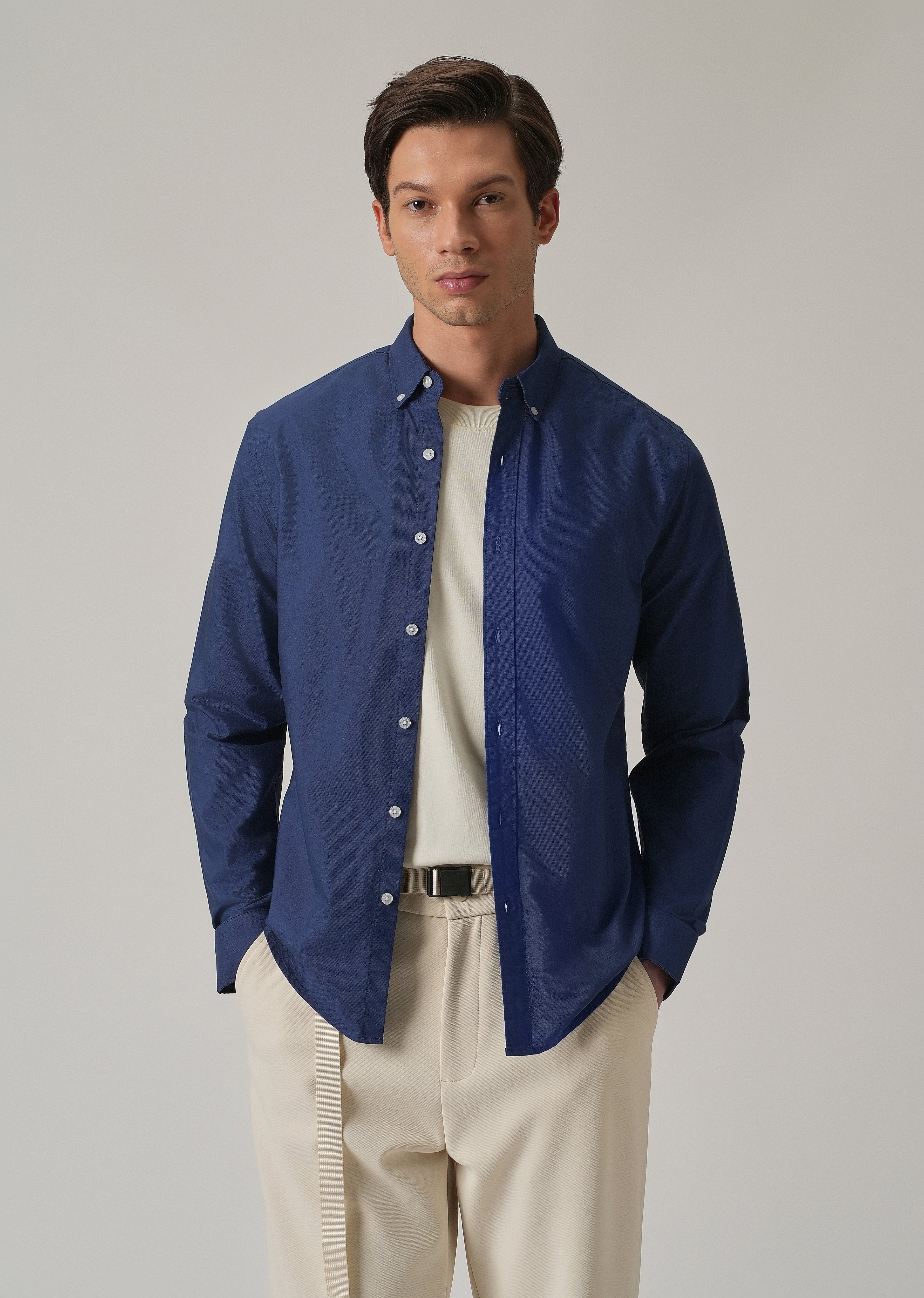 Indigo Blue Plain Elbow Patch Oxford Shirt
