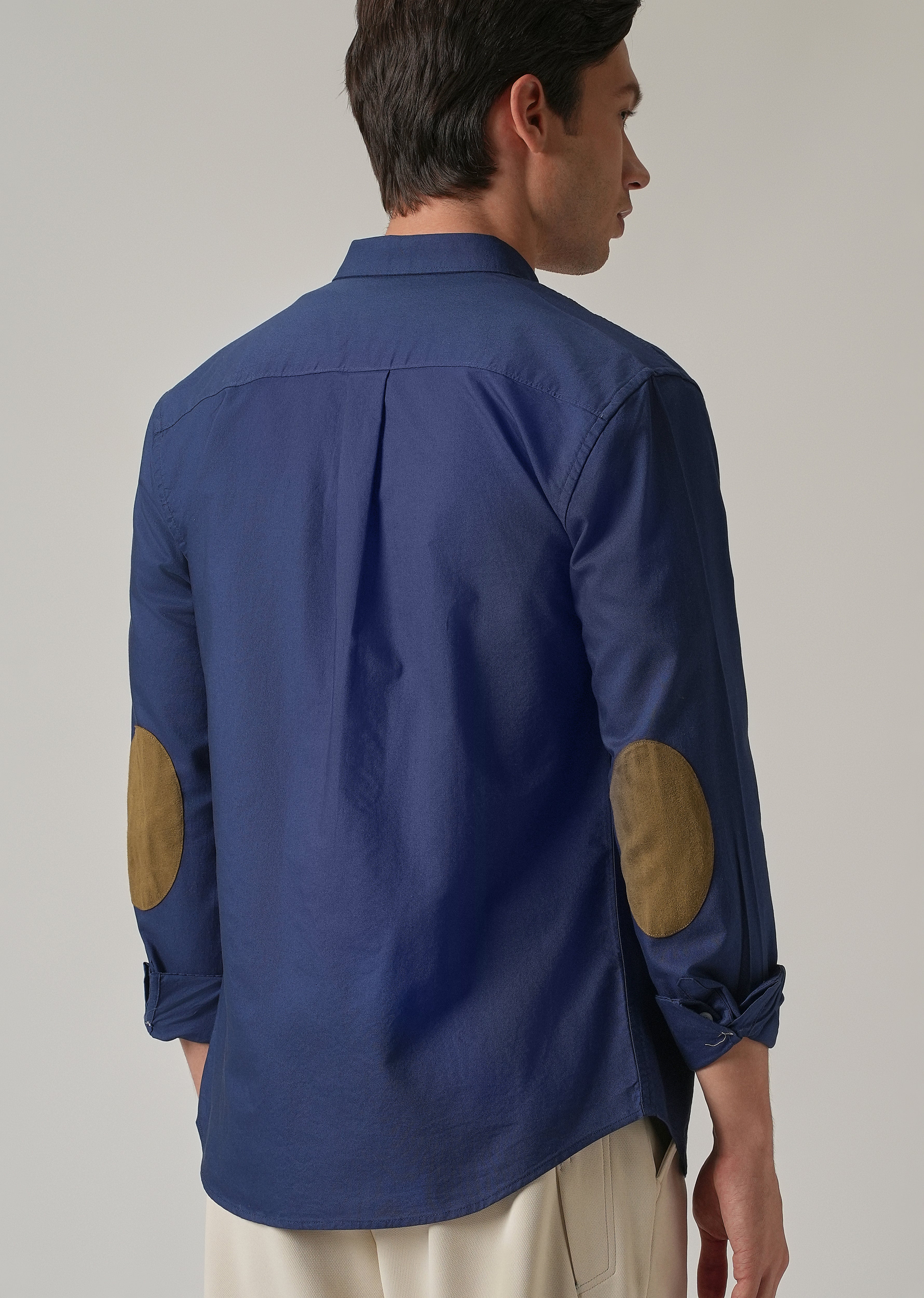 Indigo Blue Plain Elbow Patch Oxford Shirt