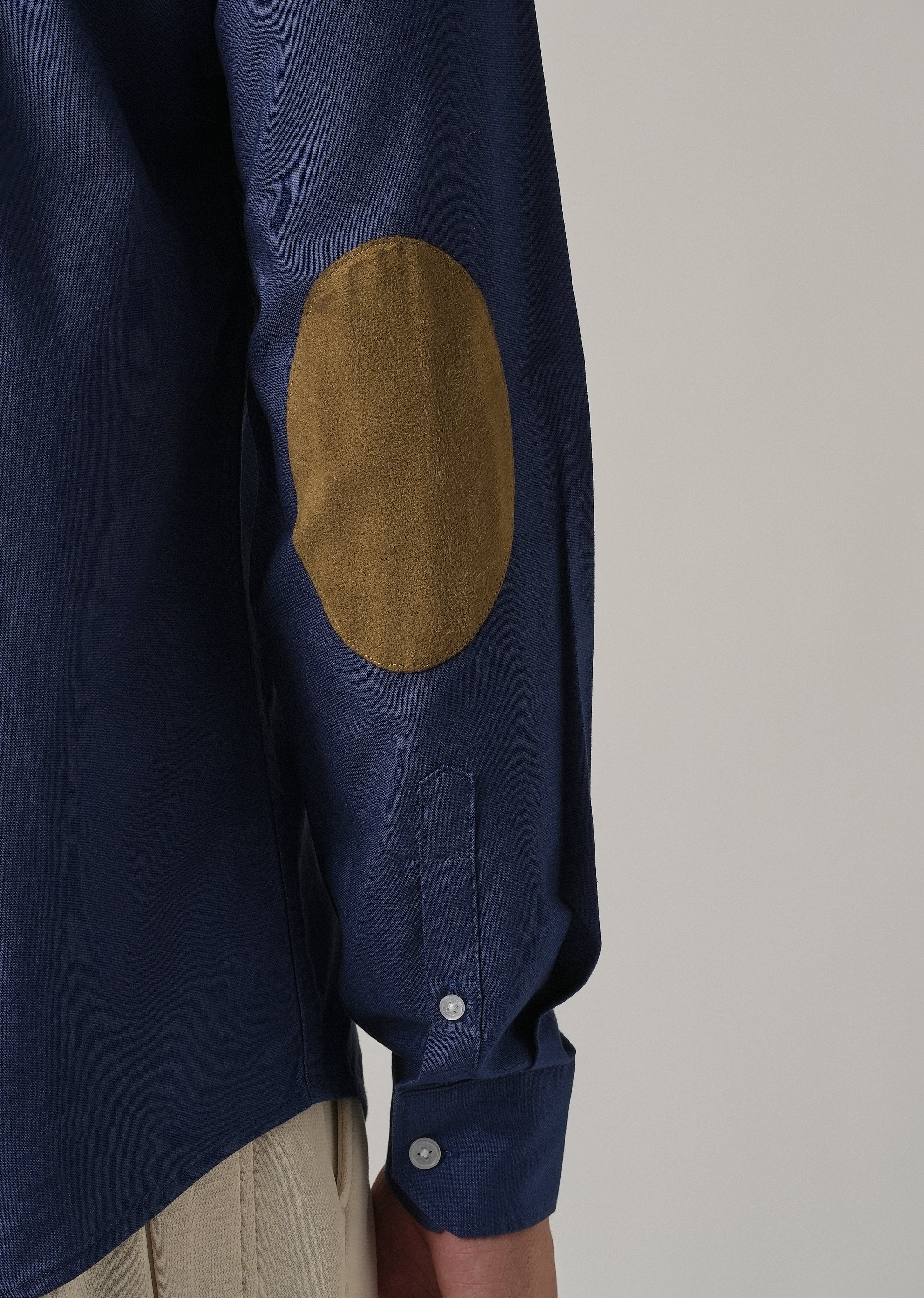 Indigo Blue Plain Elbow Patch Oxford Shirt