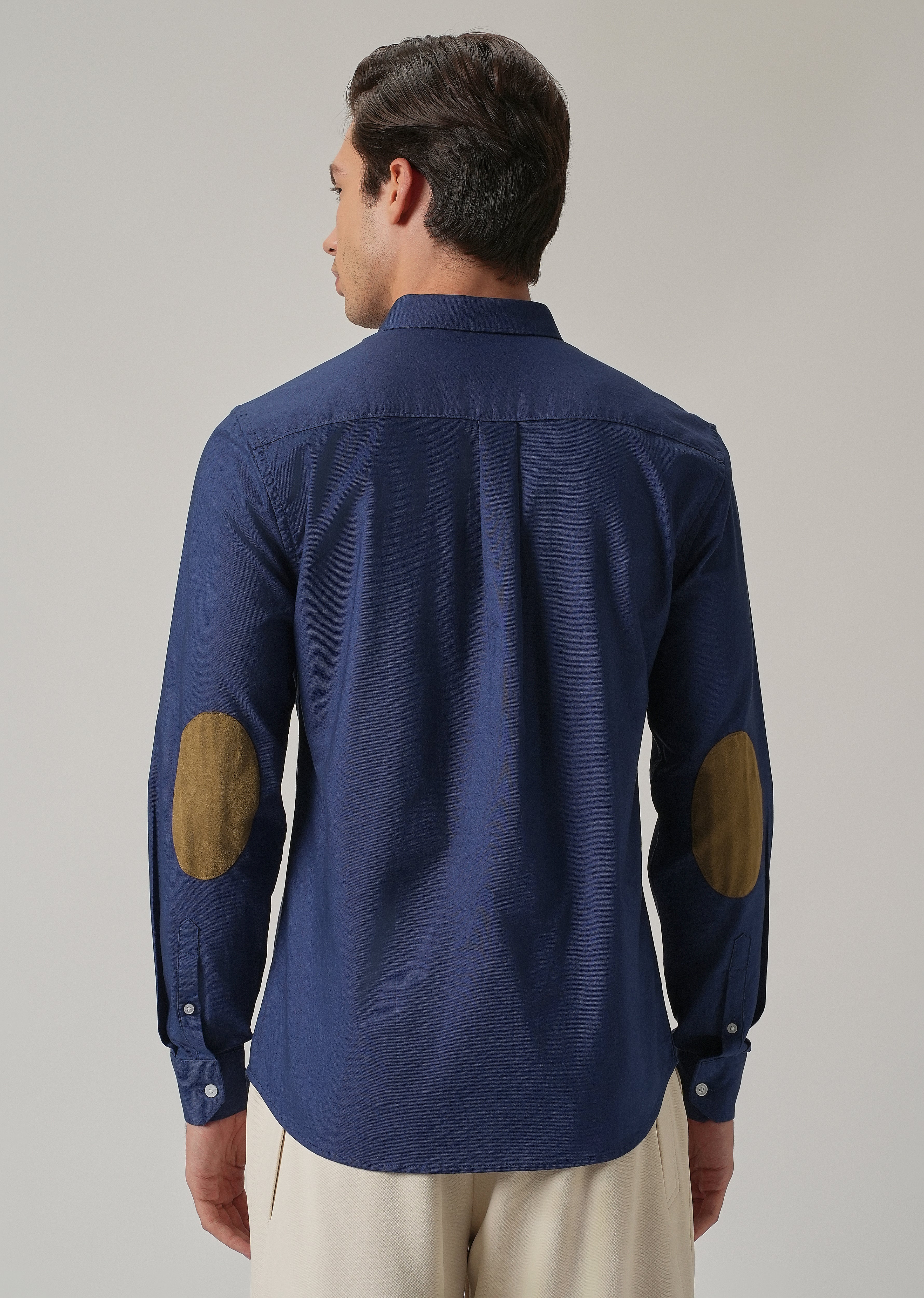 Indigo Blue Plain Elbow Patch Oxford Shirt
