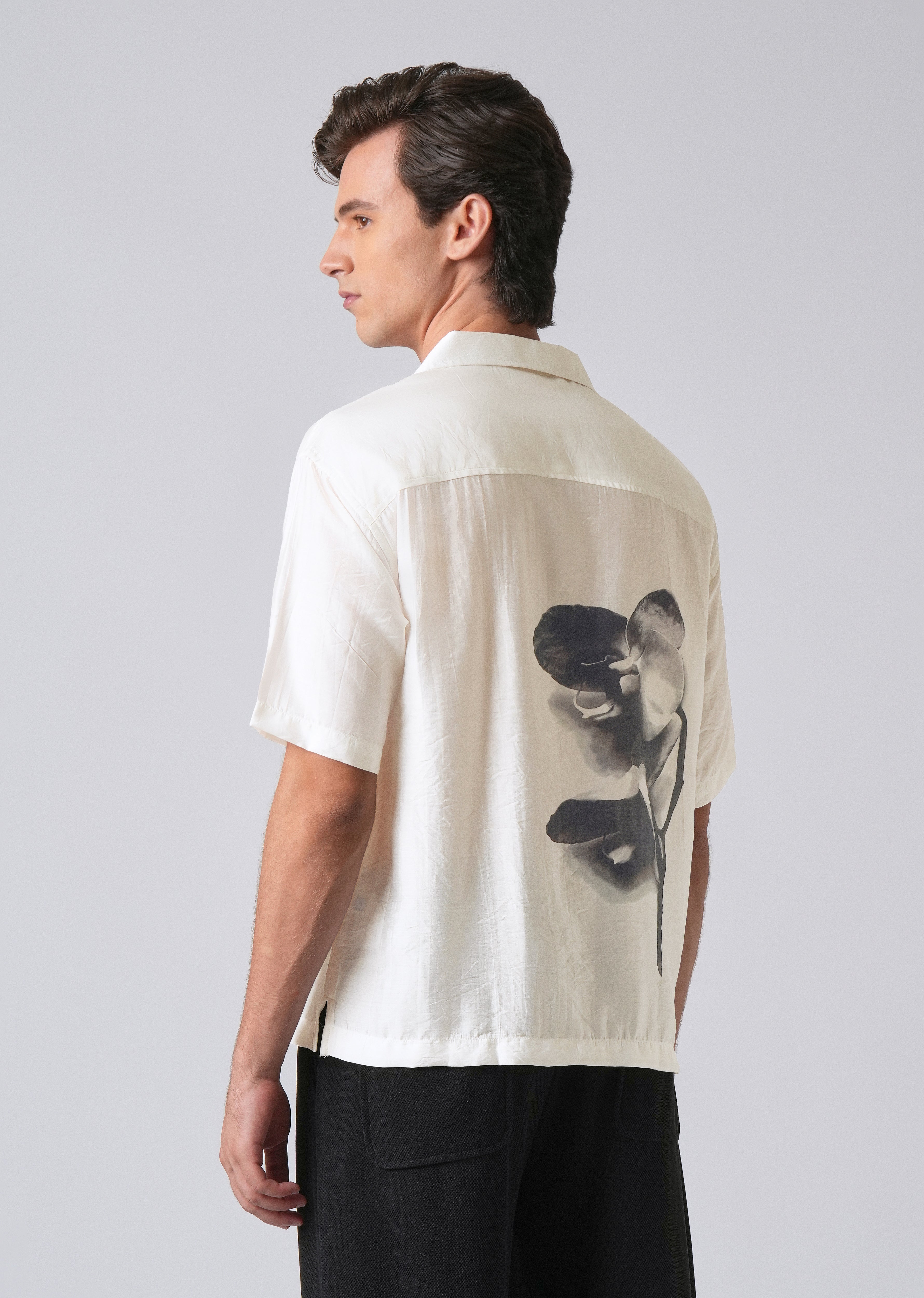 White Ink Wash Floral Print Shirt