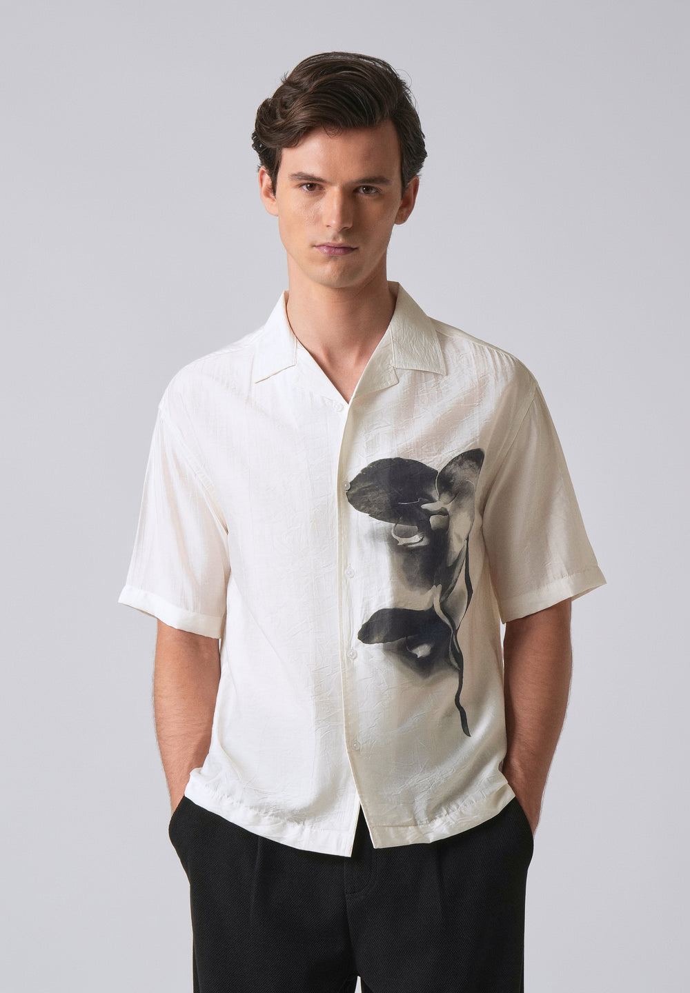 White Ink Wash Floral Print Shirt