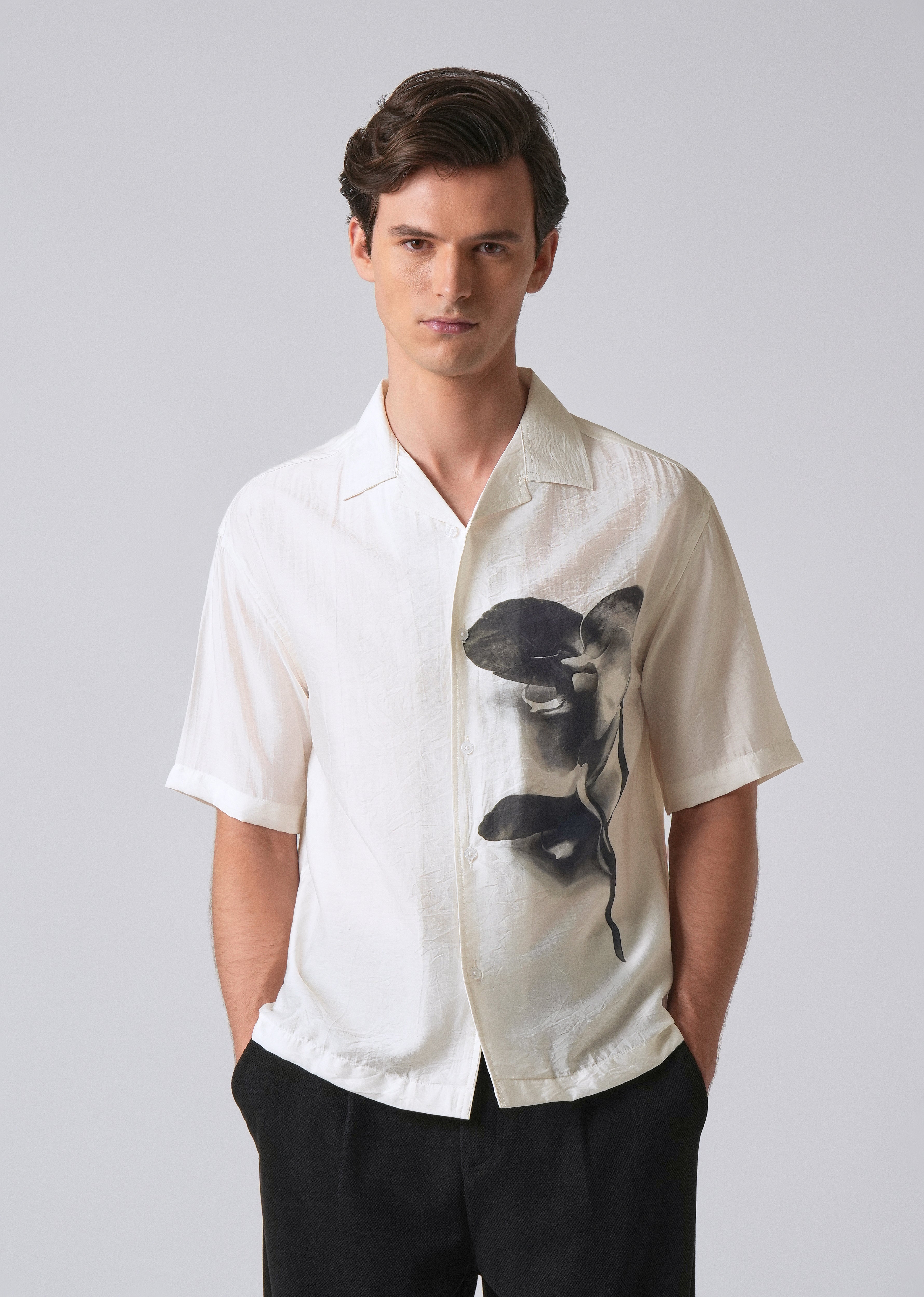 White Ink Wash Floral Print Shirt