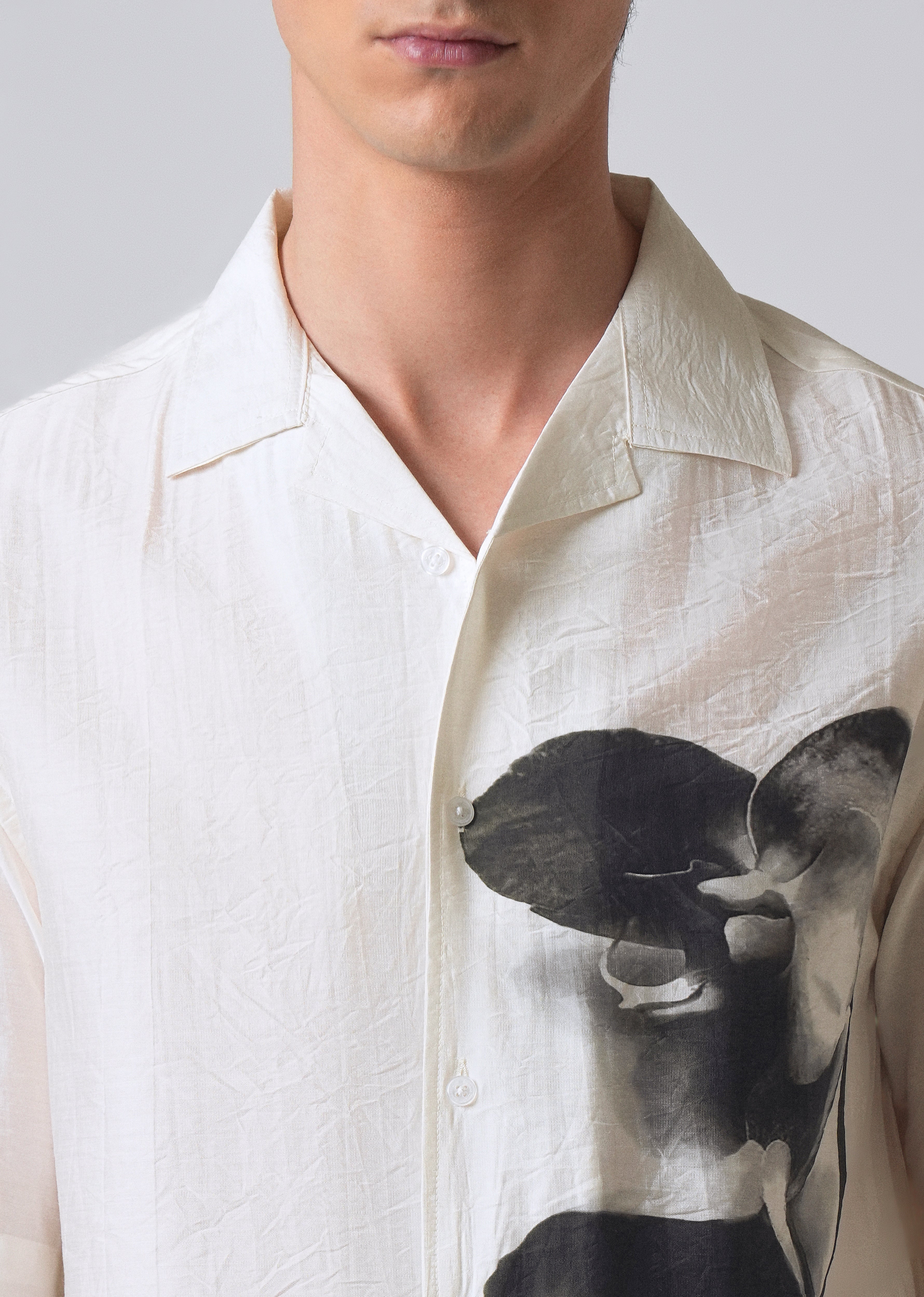 White Ink Wash Floral Print Shirt