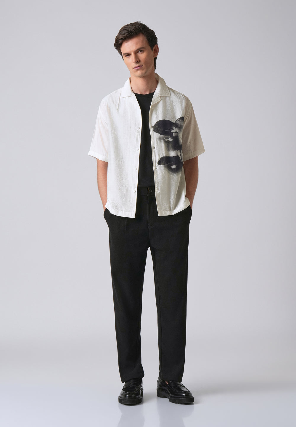 White Ink Wash Floral Print Shirt