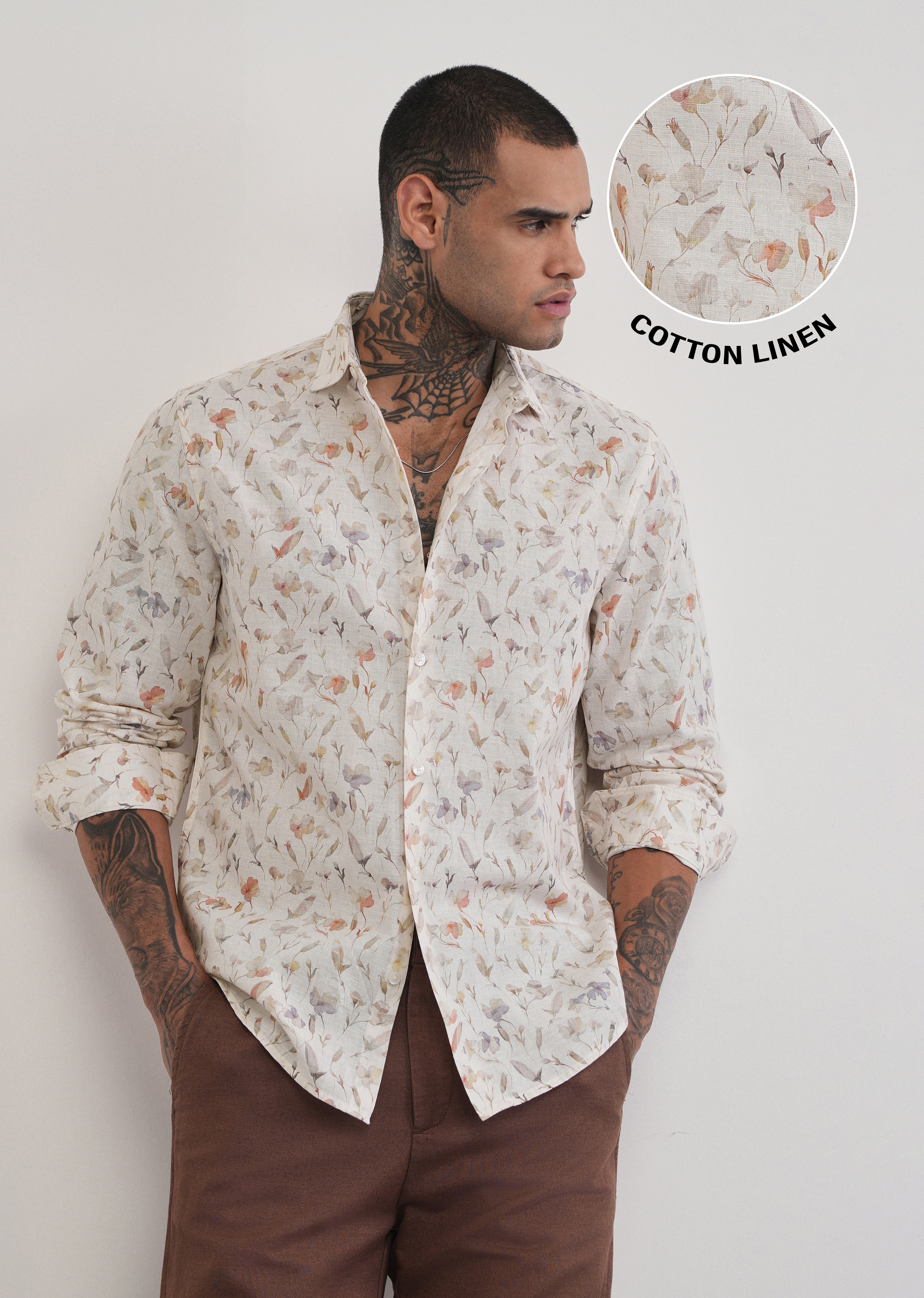 Ivory Botanical Print Cotton Linen Shirt
