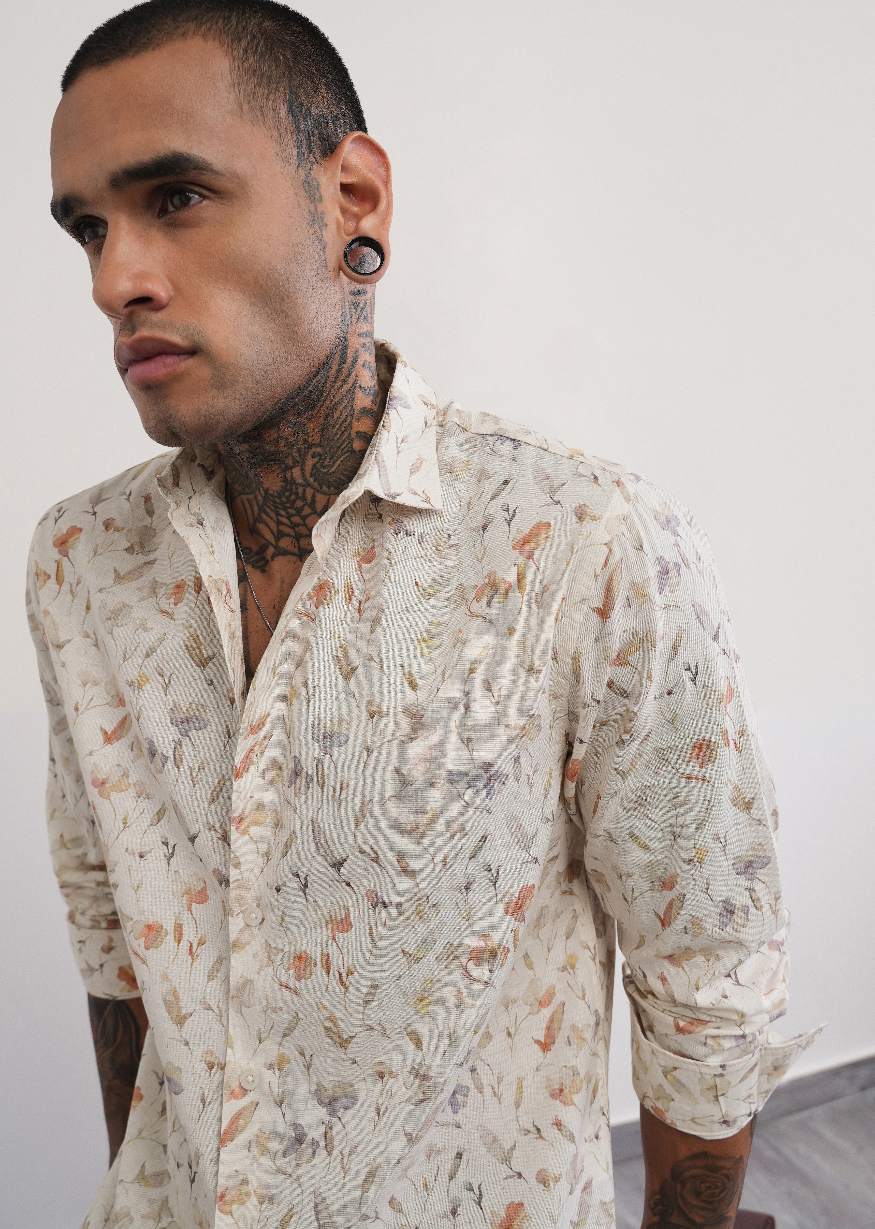 Ivory Botanical Print Cotton Linen Shirt