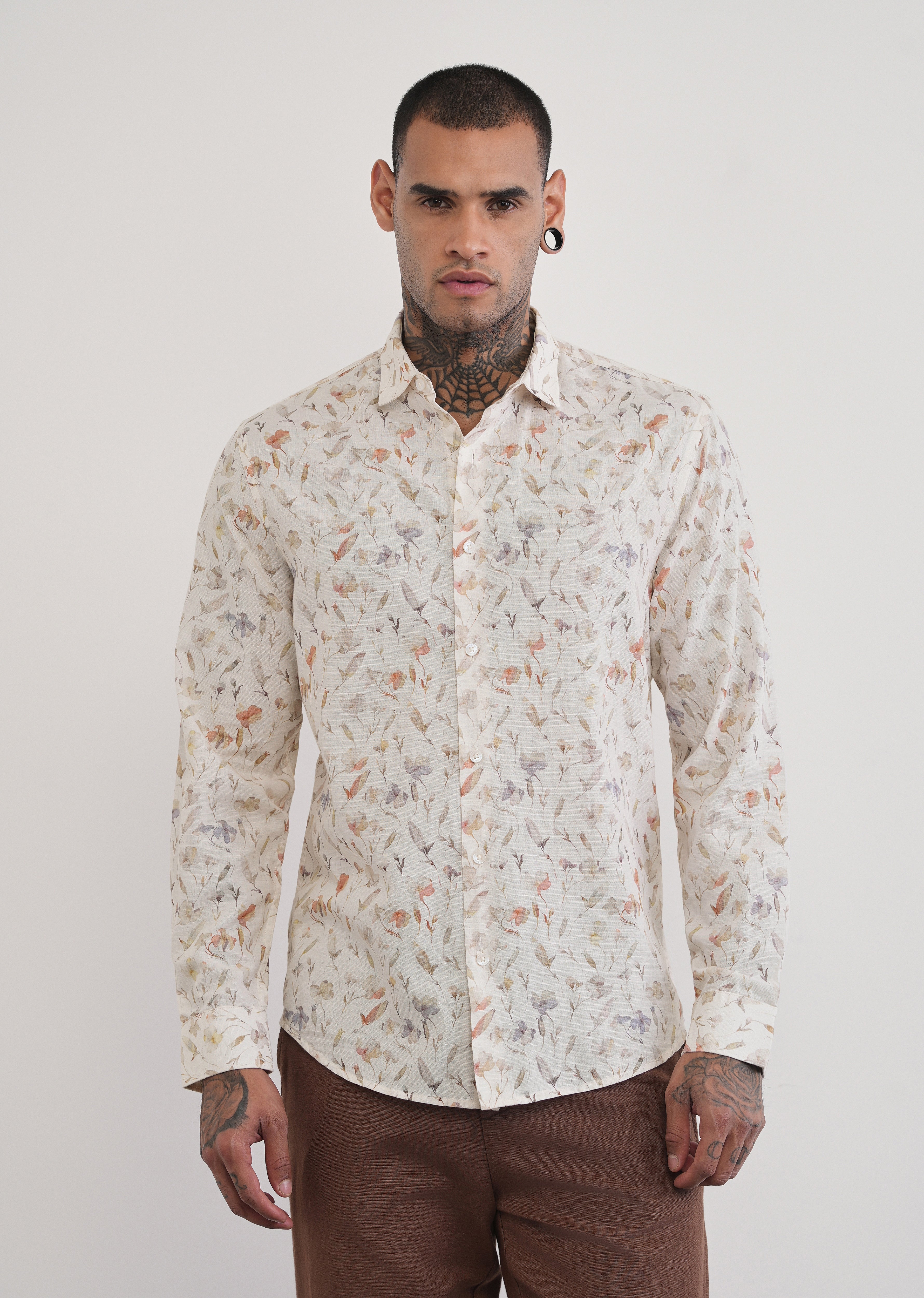 Ivory Botanical Print Cotton Linen Shirt