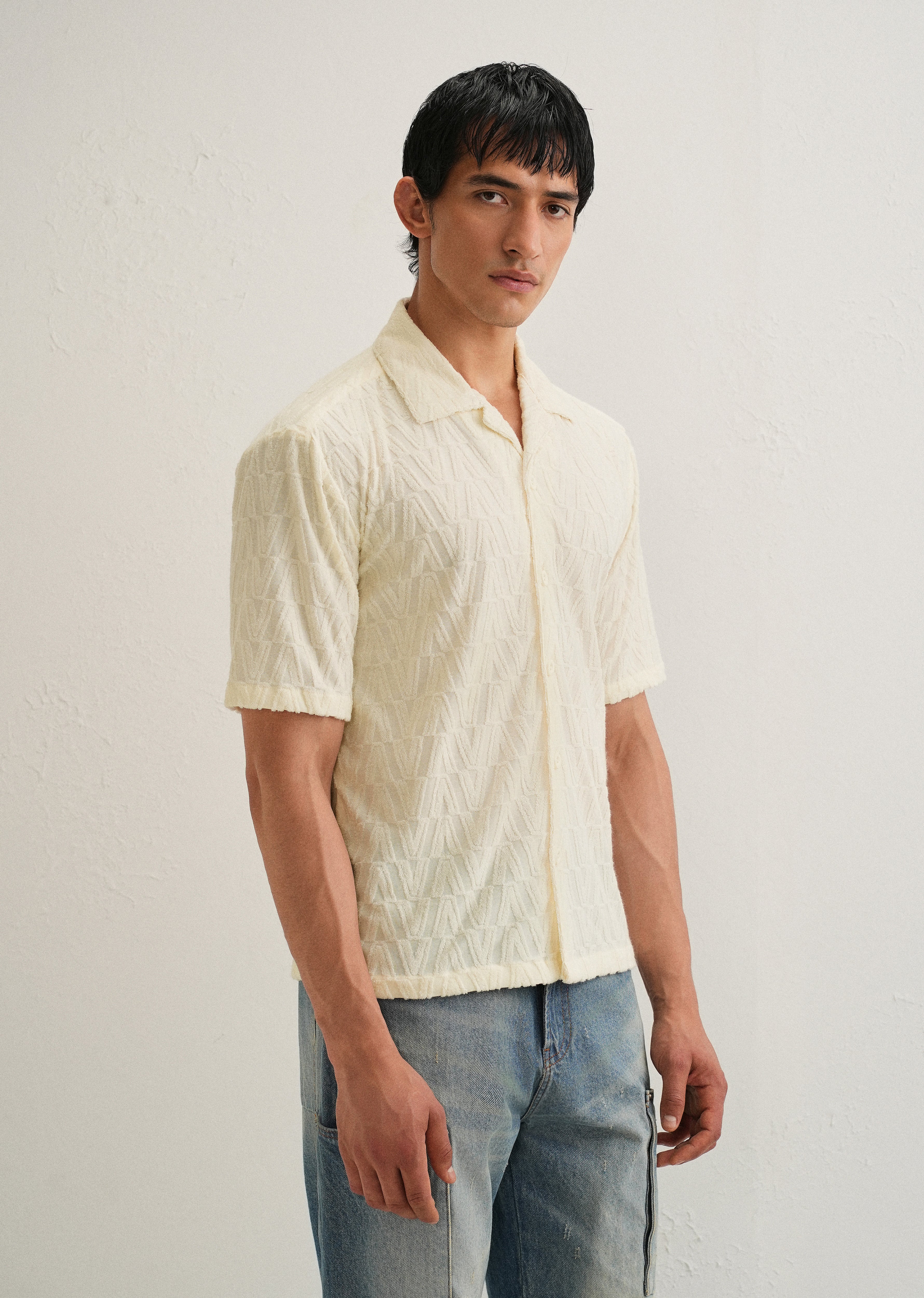 Ivory Cream Jacquard Knitted Shirt