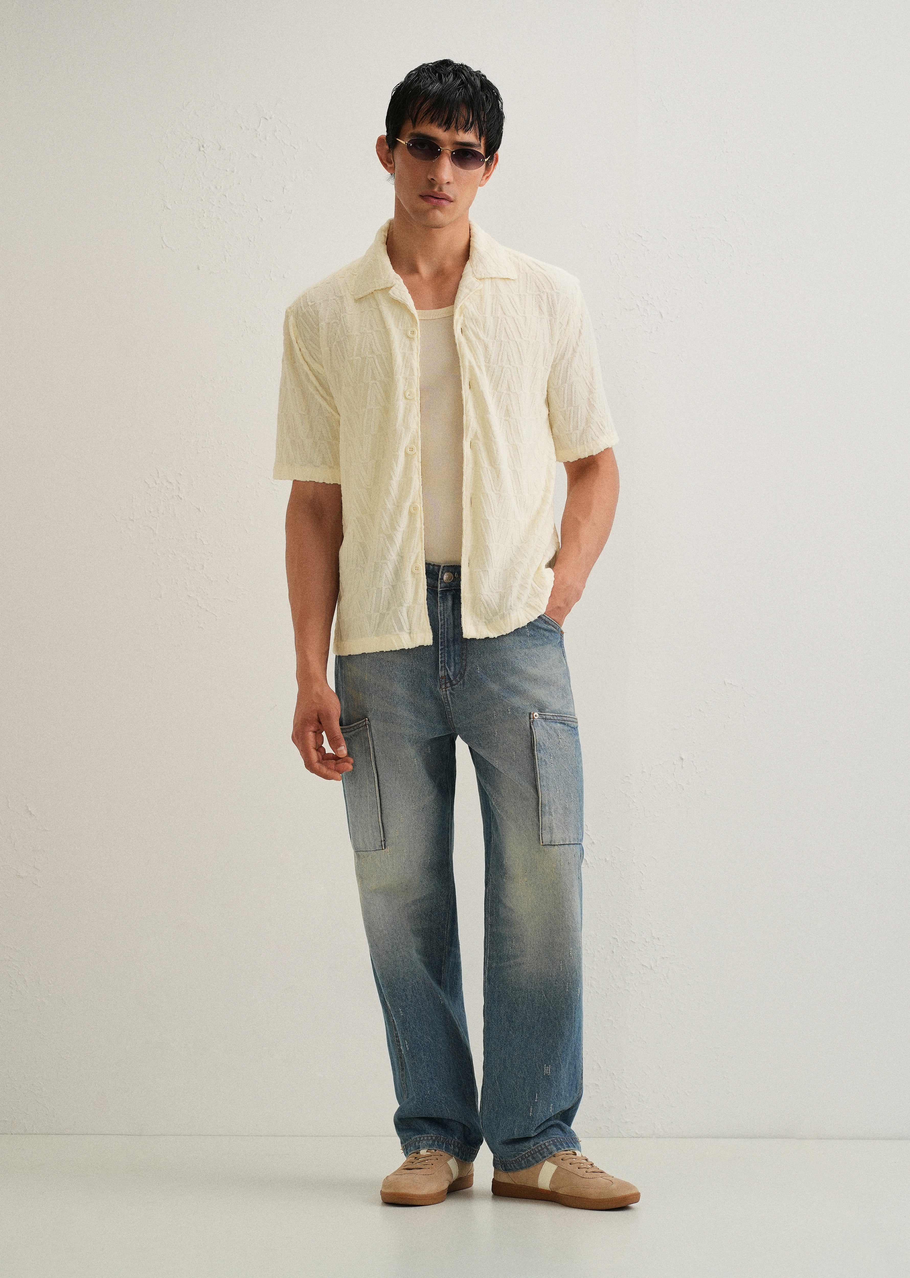 Ivory Cream Jacquard Knitted Shirt