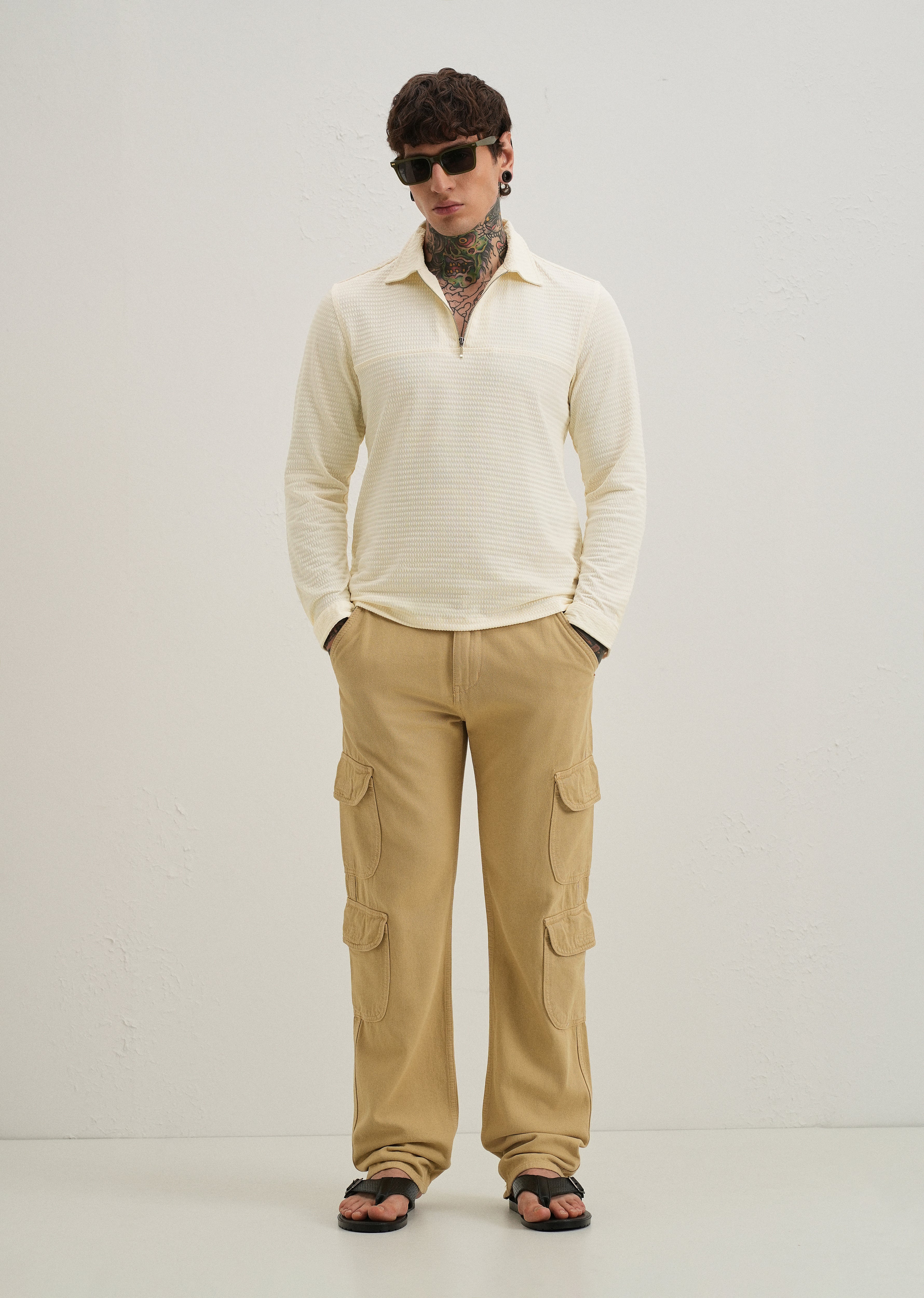 Ivory Cream Zipper Polo Knit T-shirt