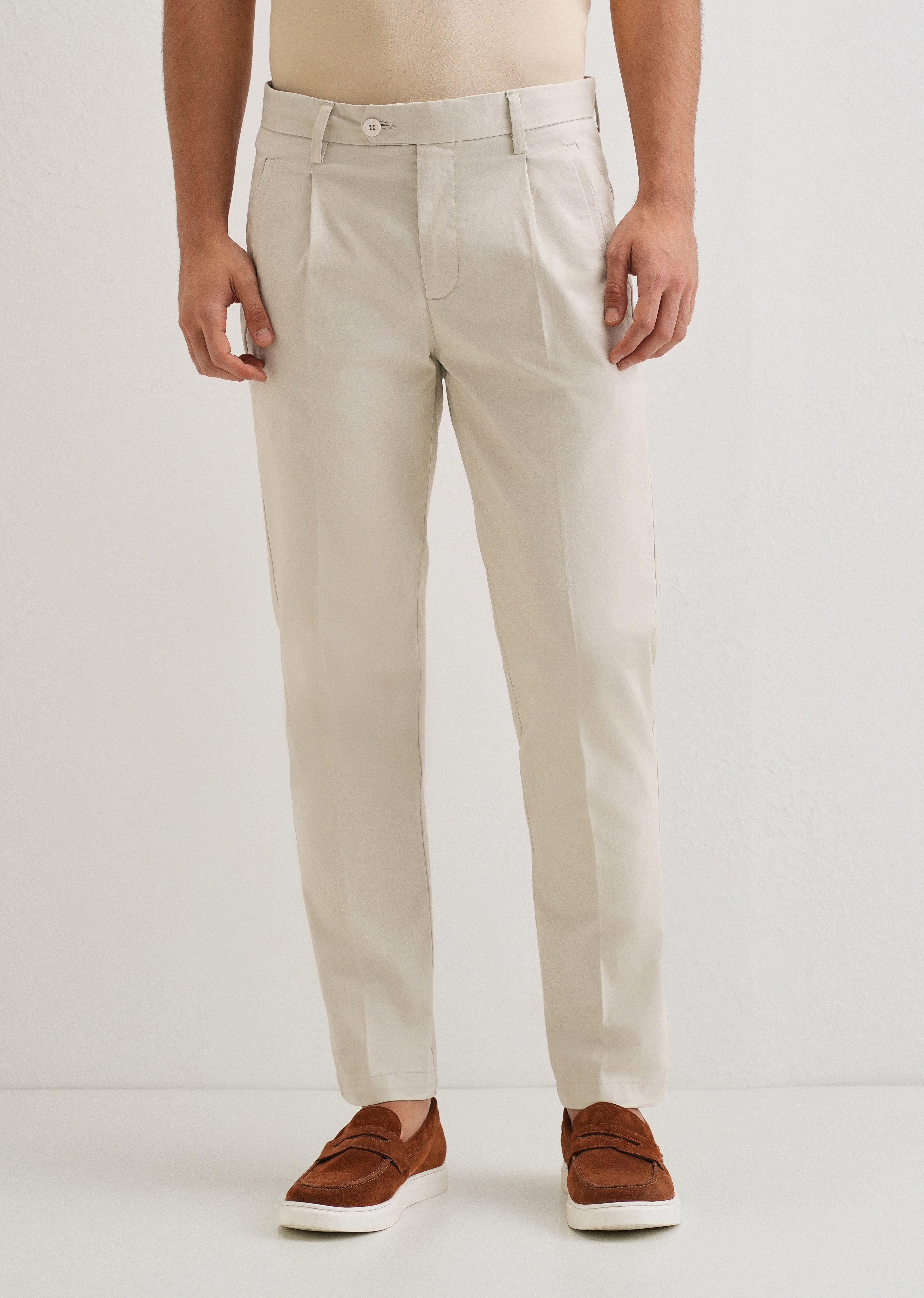 Ivory Plain Pleated Chinos