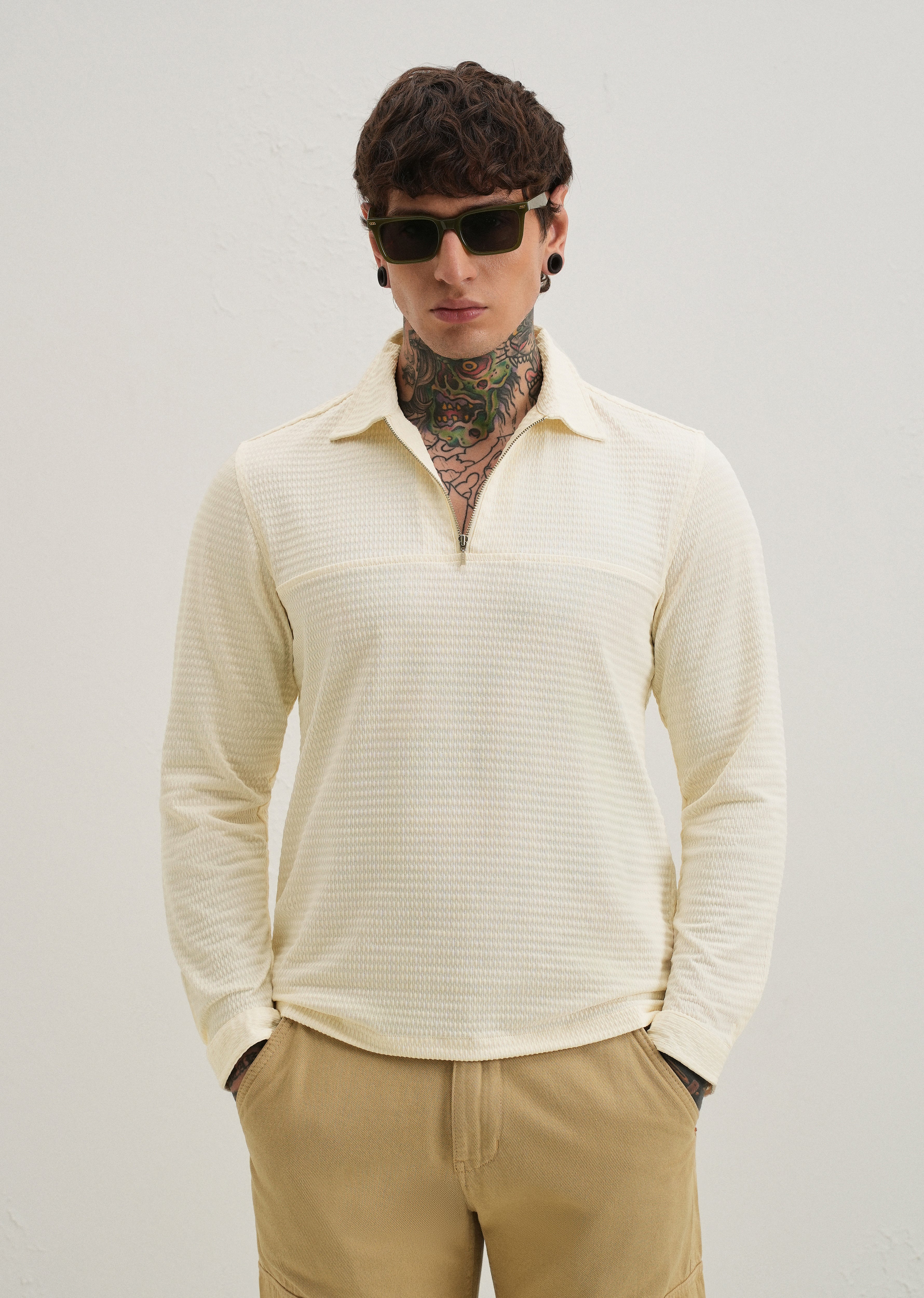 トップス BOUTIQUE LONG SLEEVE KNIT POLO SHIRT Ivory Cream Zipper Polo Knit T-shirt