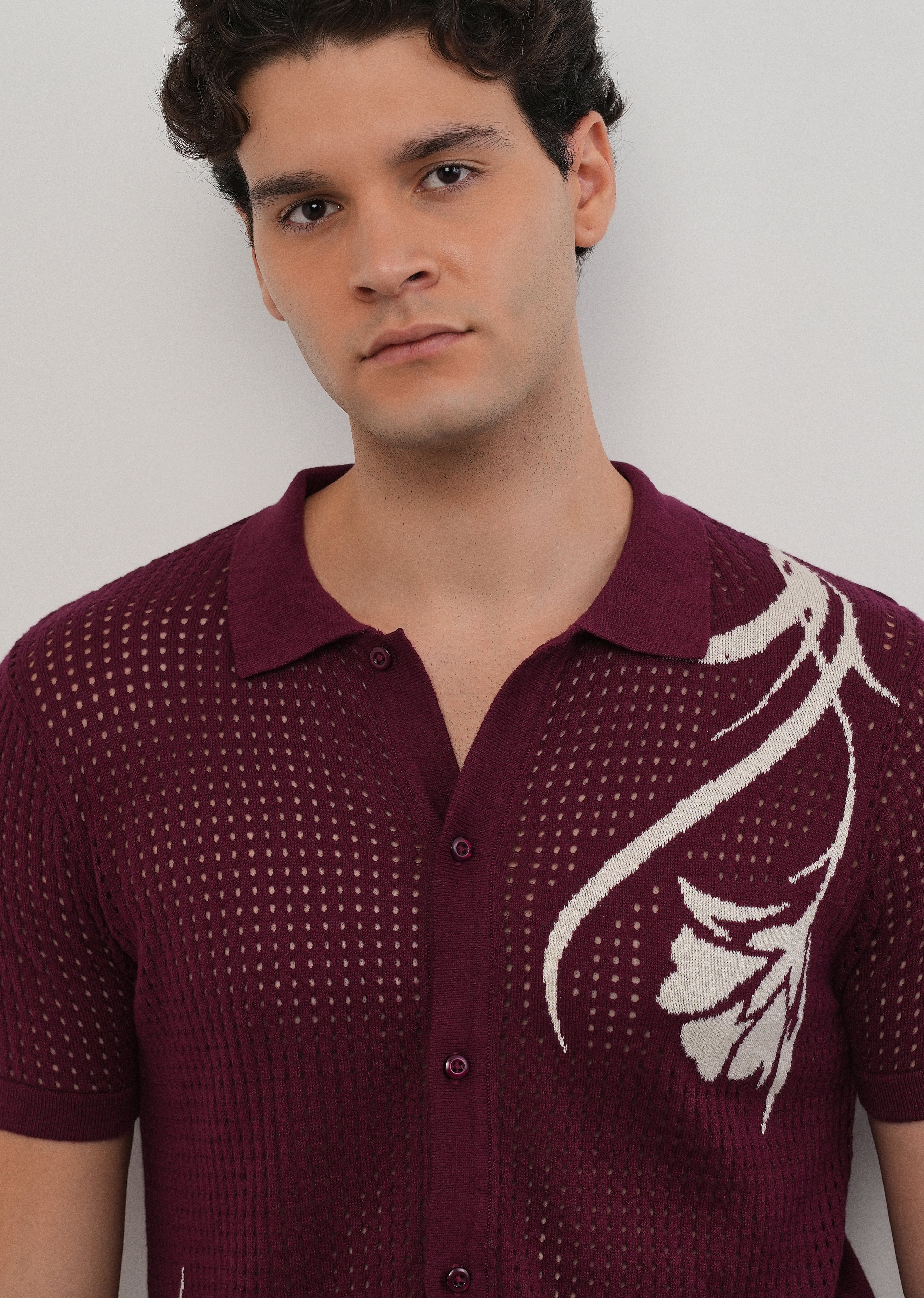 Burgundy Floral Open Knit Shirt