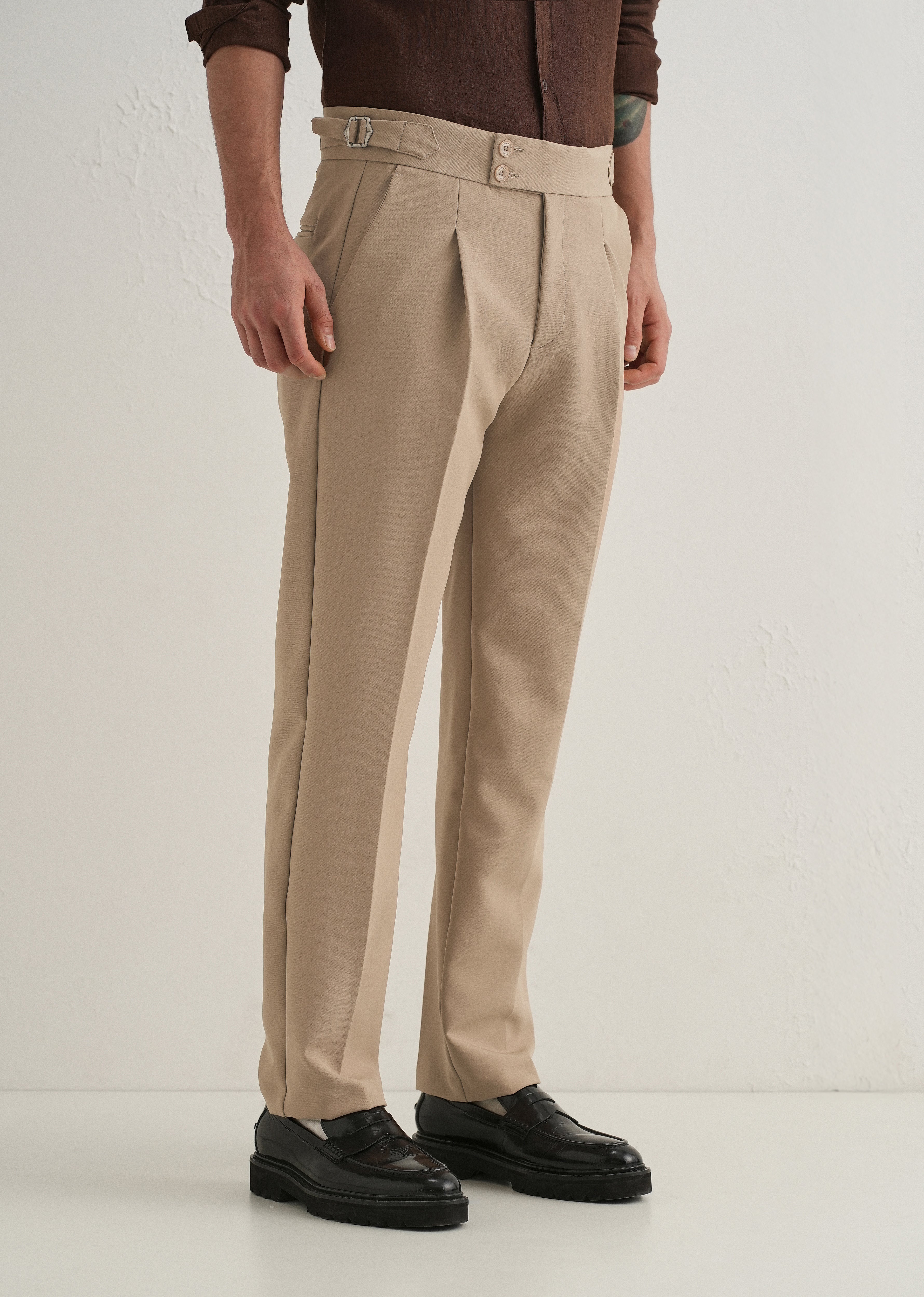 Khaki Beige Pleated Gurkha Pant