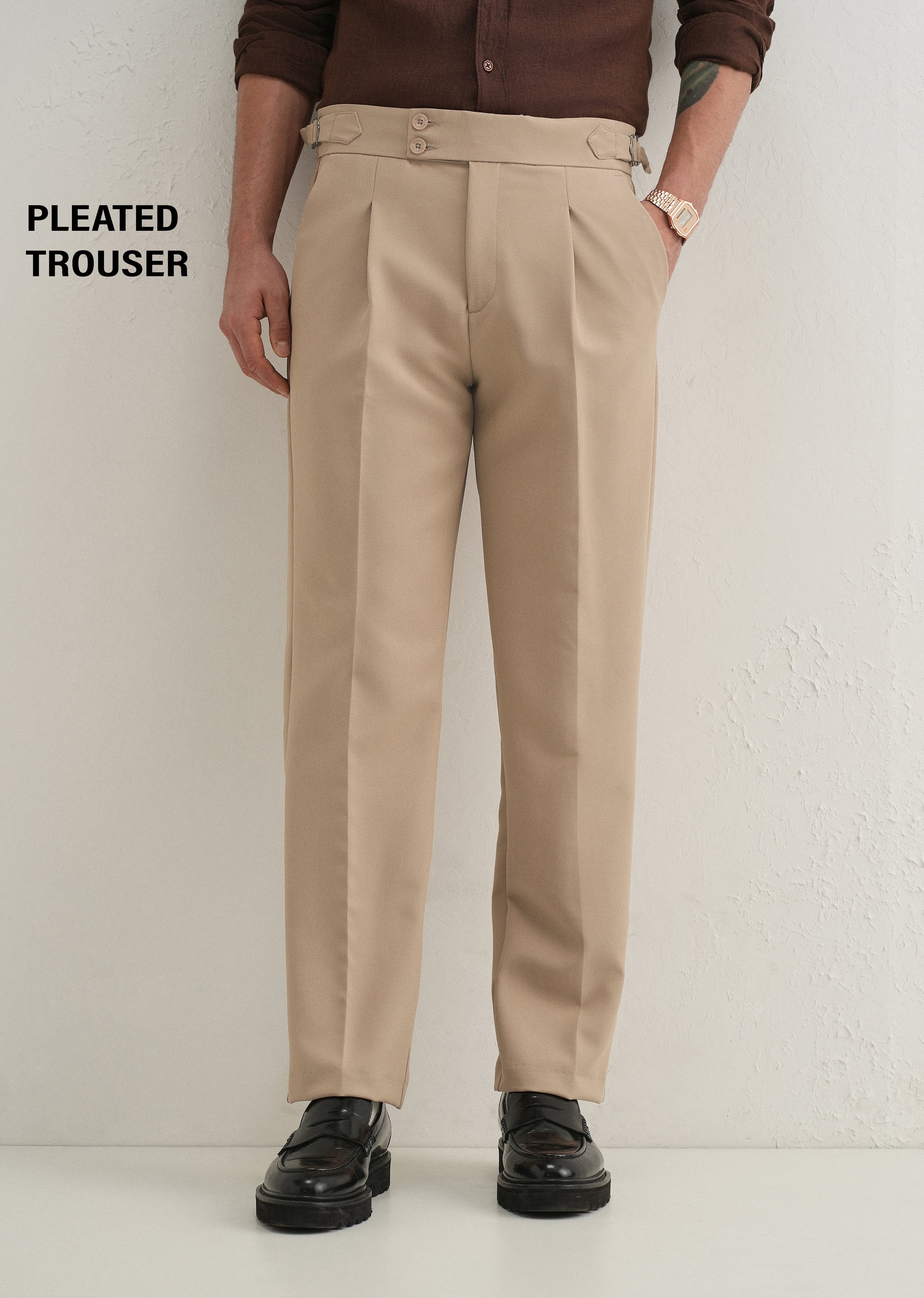 Khaki Beige Pleated Gurkha Pant