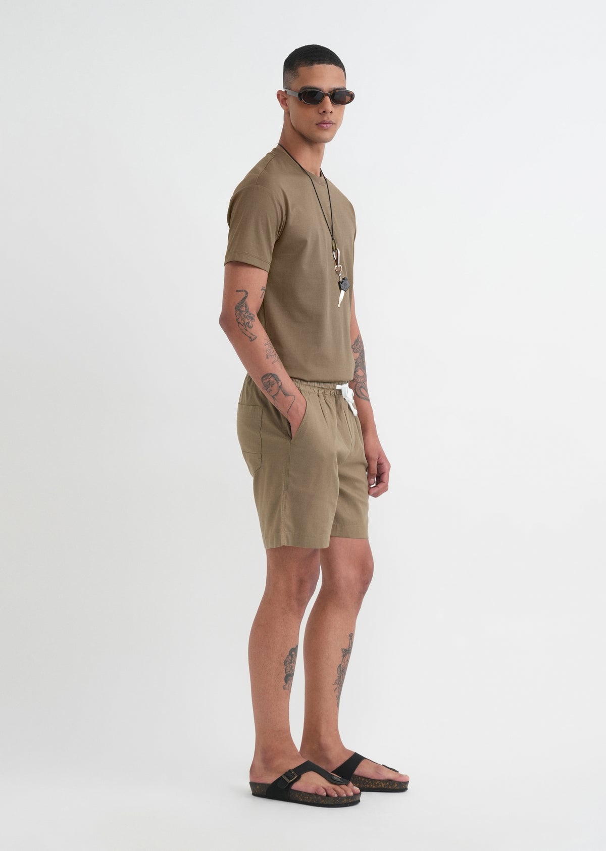 Khaki Cotton Blend Shorts