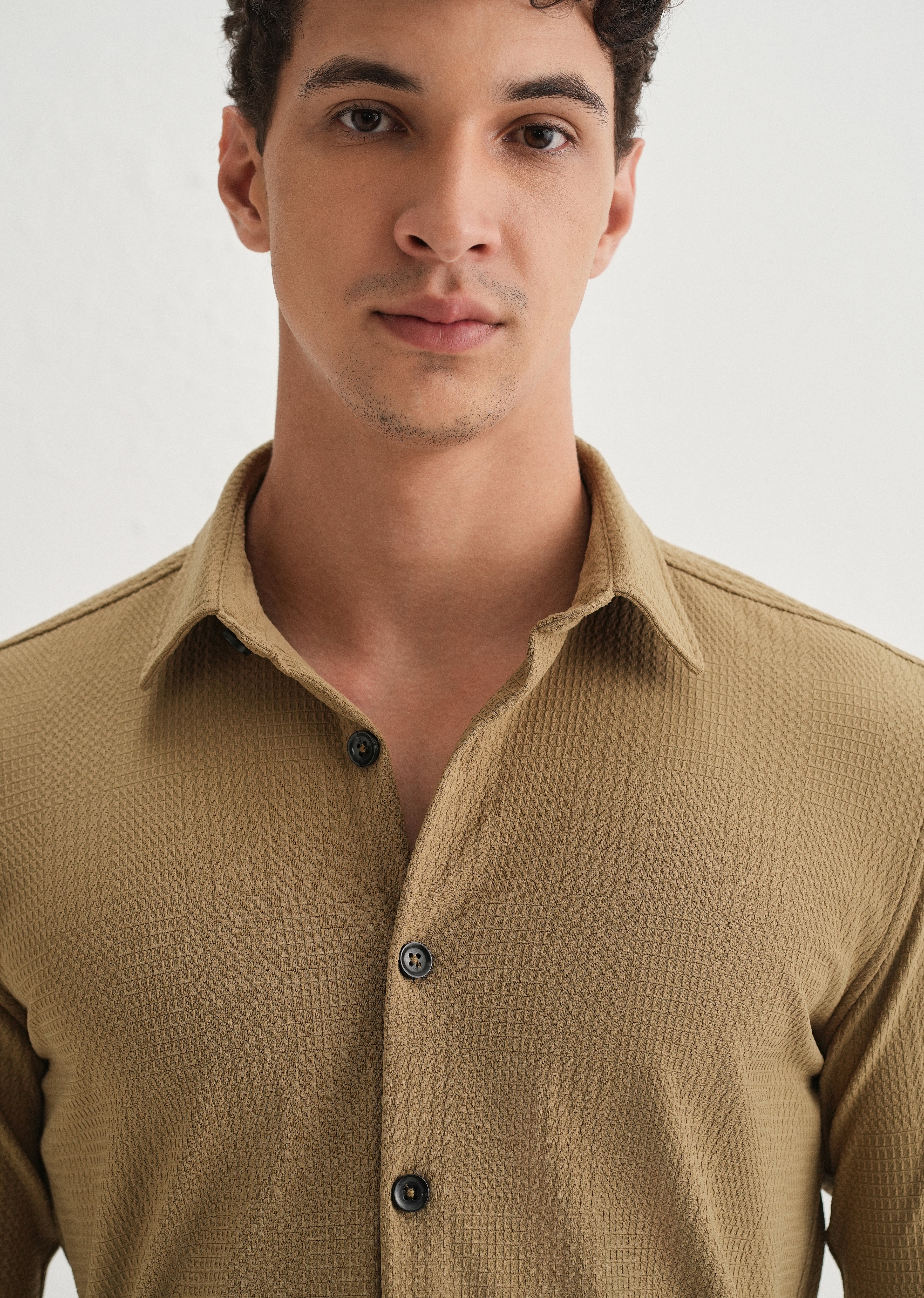 Khaki Grid Textured Knit Shirt