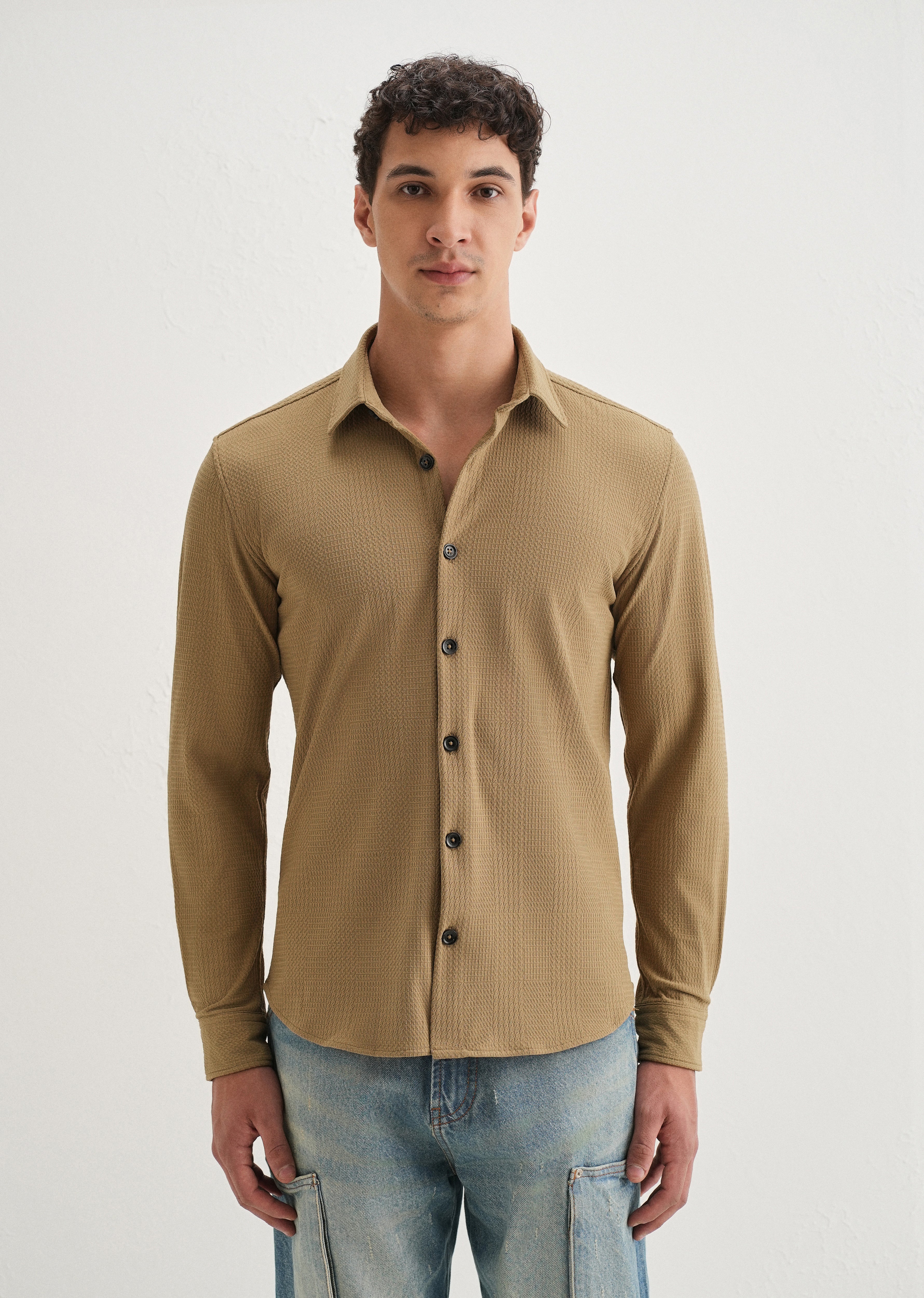 Khaki Grid Textured Knit Shirt
