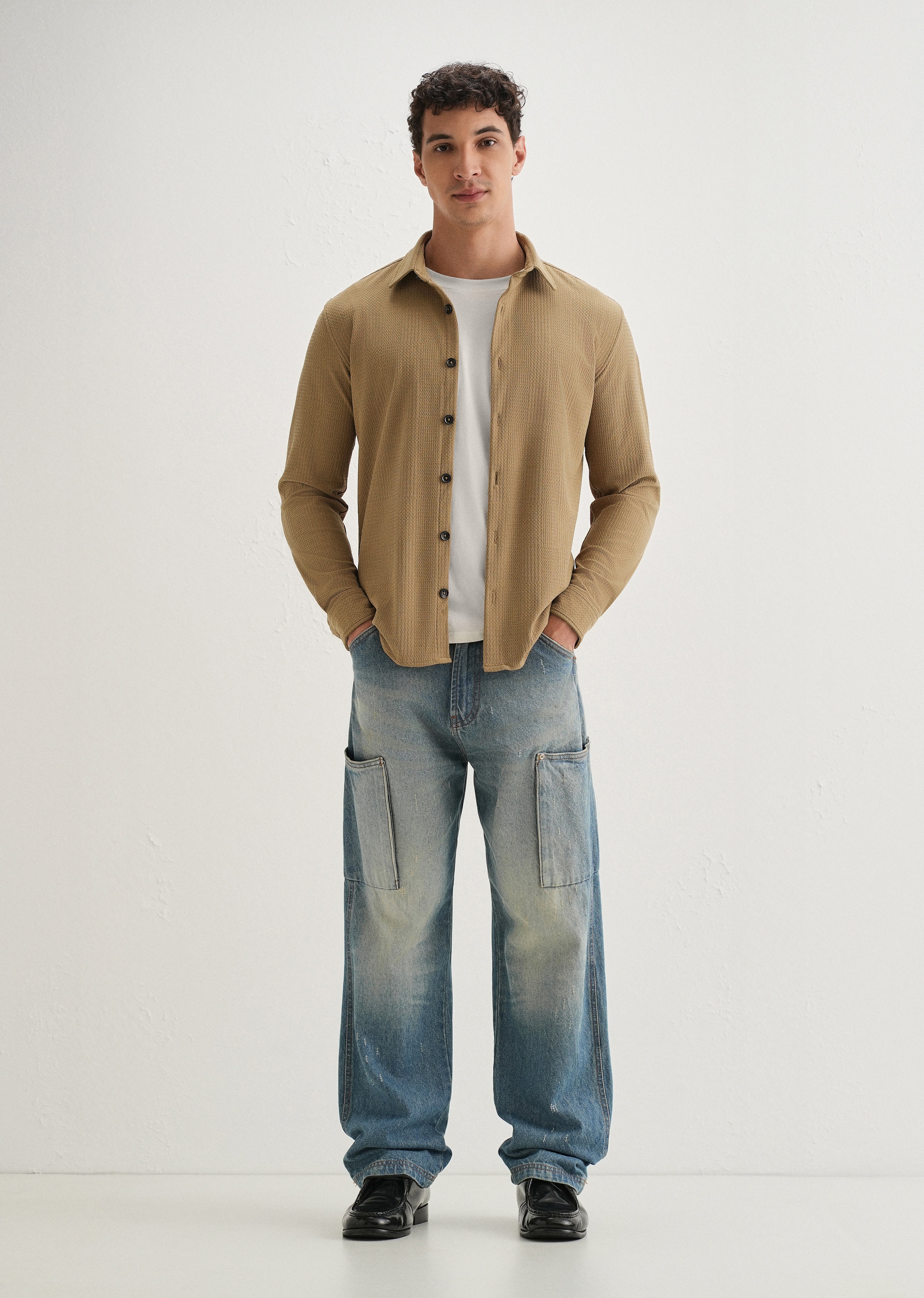 Khaki Grid Textured Knit Shirt