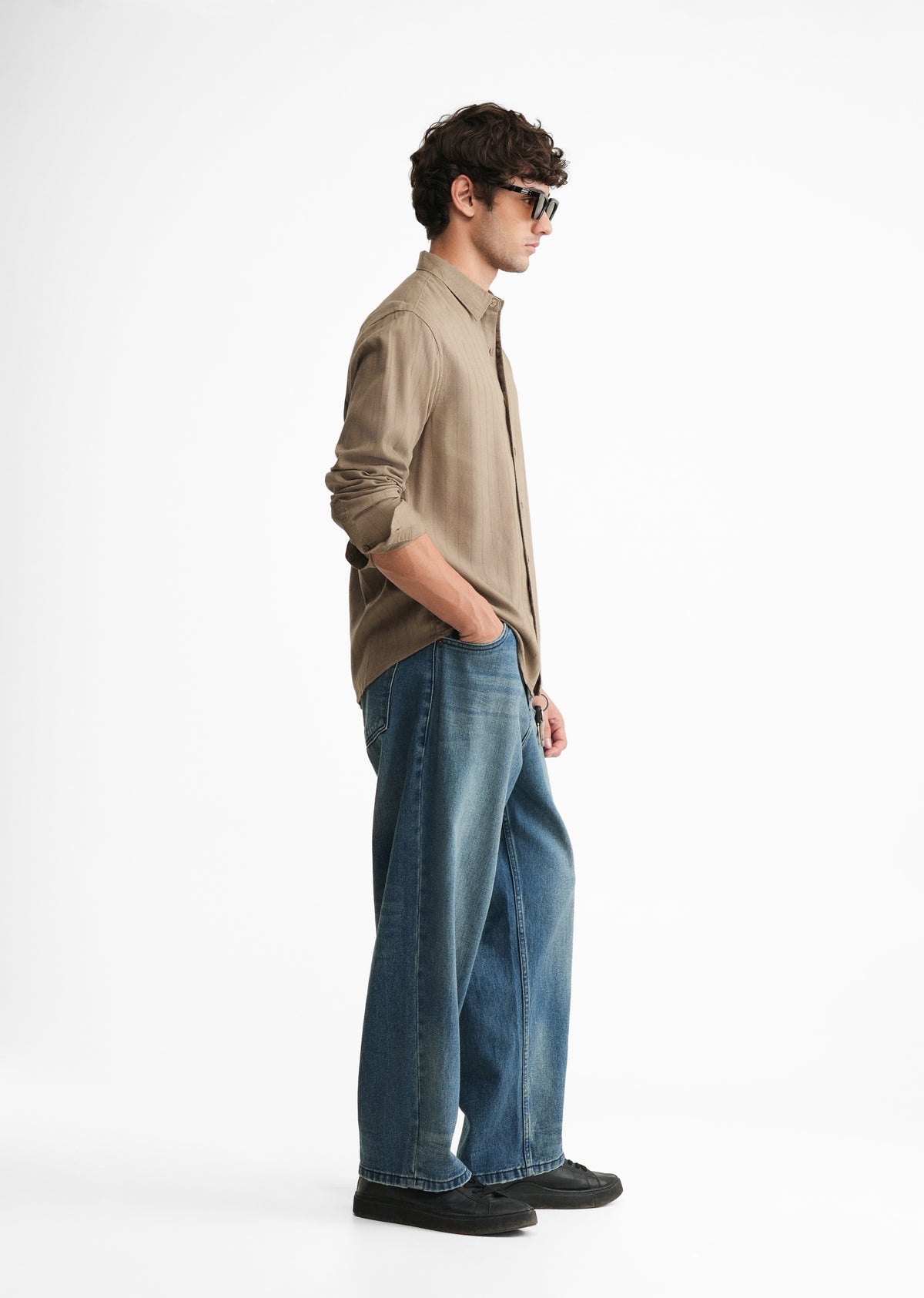 Khaki Lyocell Cotton Self-Stripe Shirt