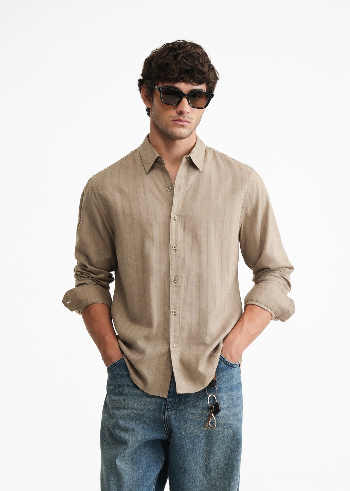Khaki Lyocell Cotton Self-Stripe Shirt