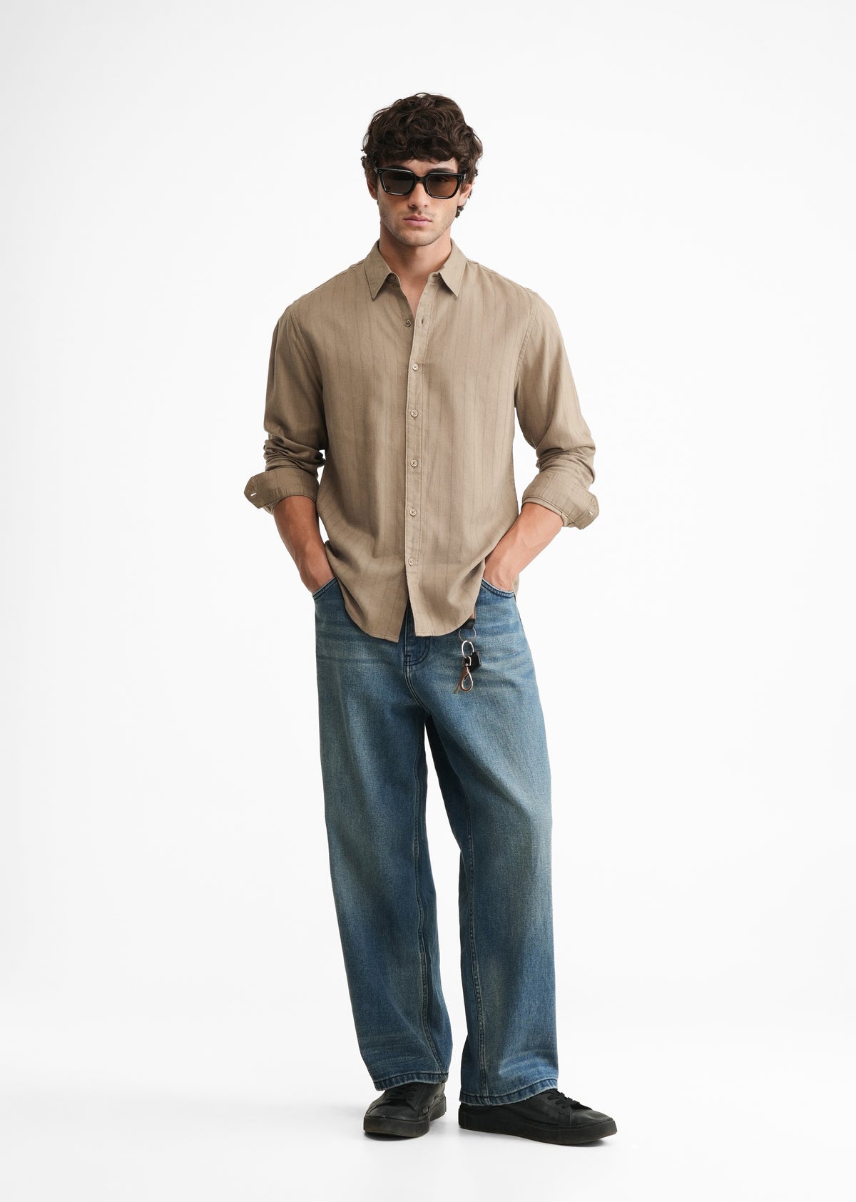 Khaki Lyocell Cotton Self-Stripe Shirt