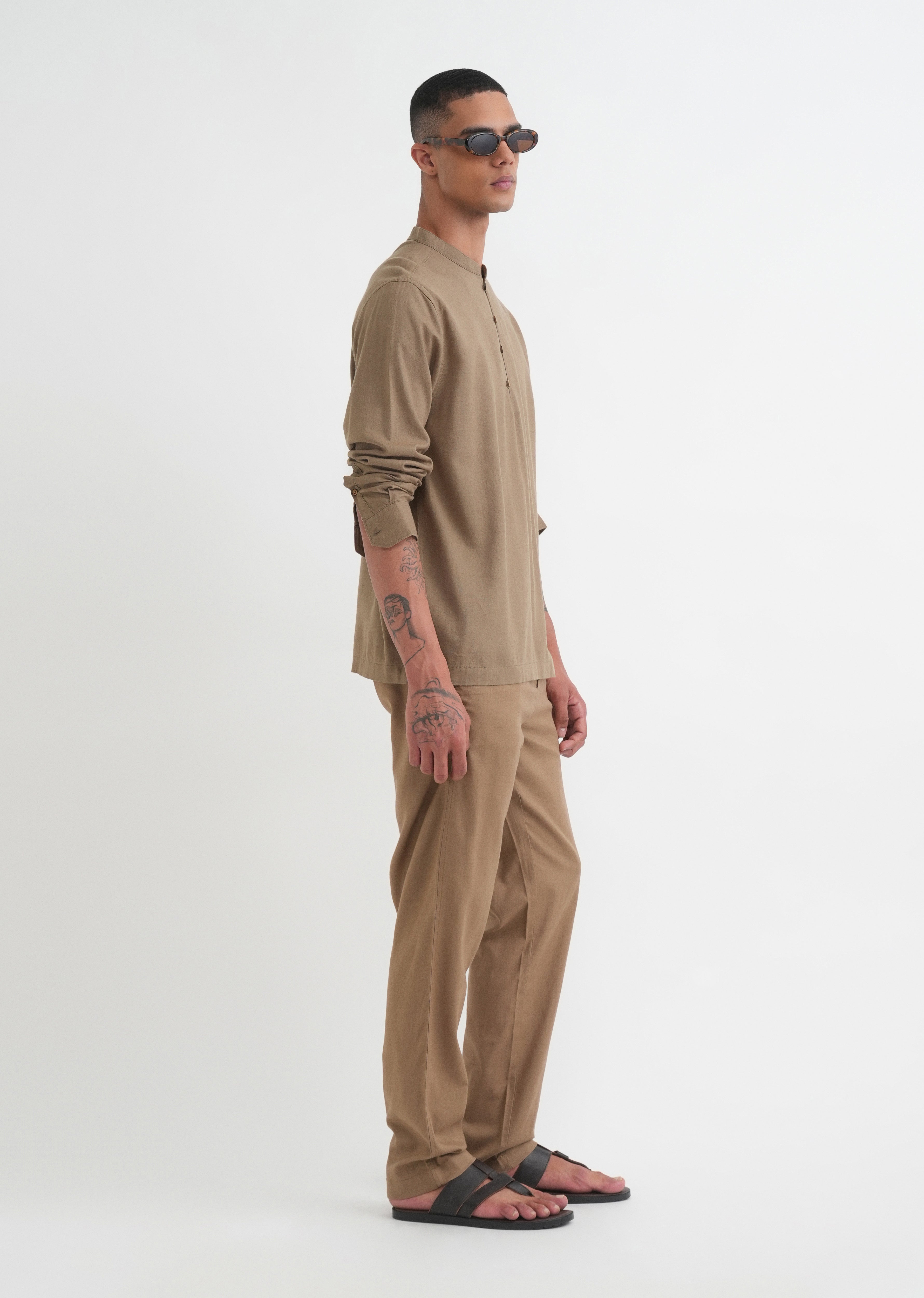 Khaki Mandarin Collar Kurta Shirt