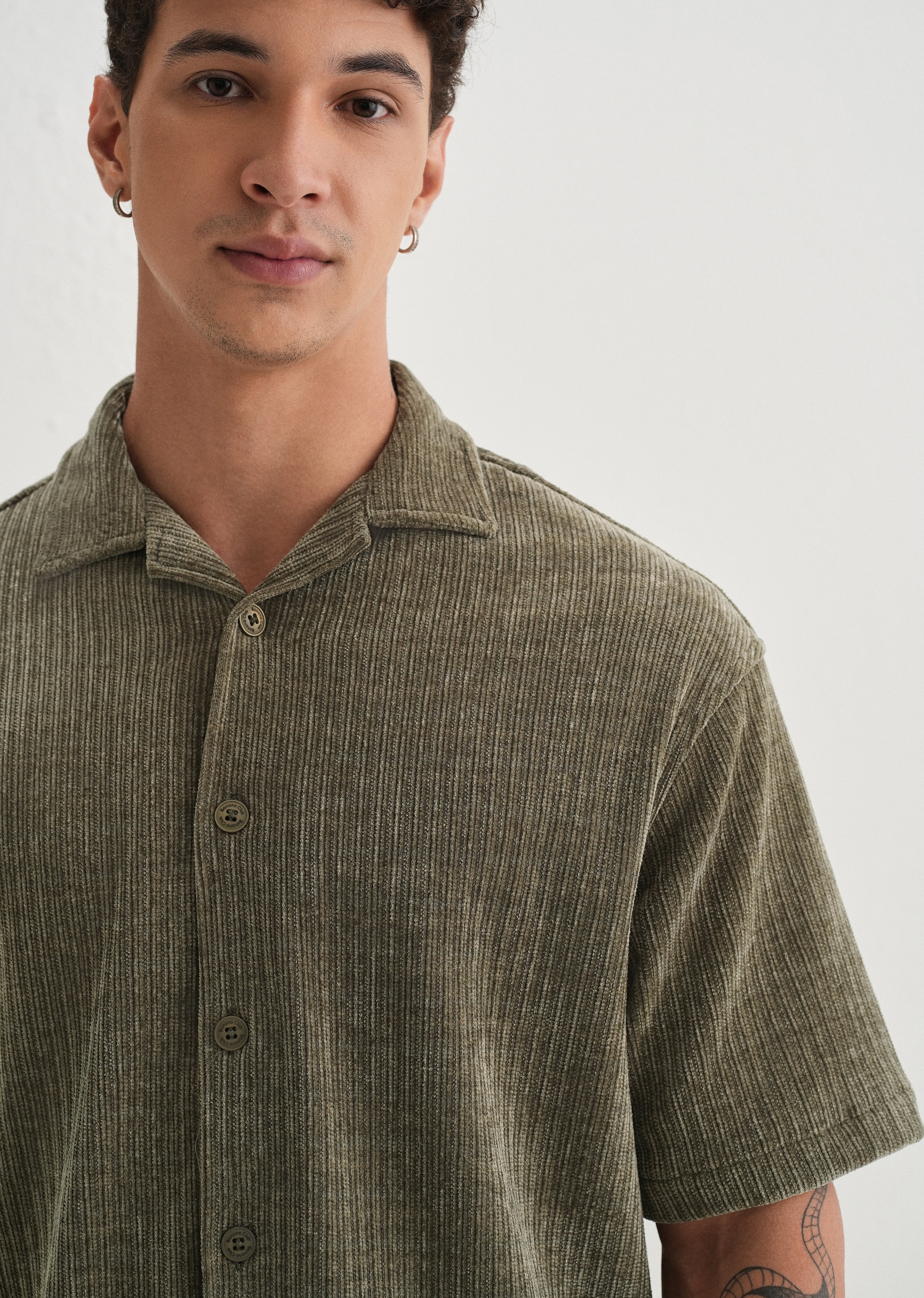 Khaki Olive Suede Knit Half Sleeve Shirt