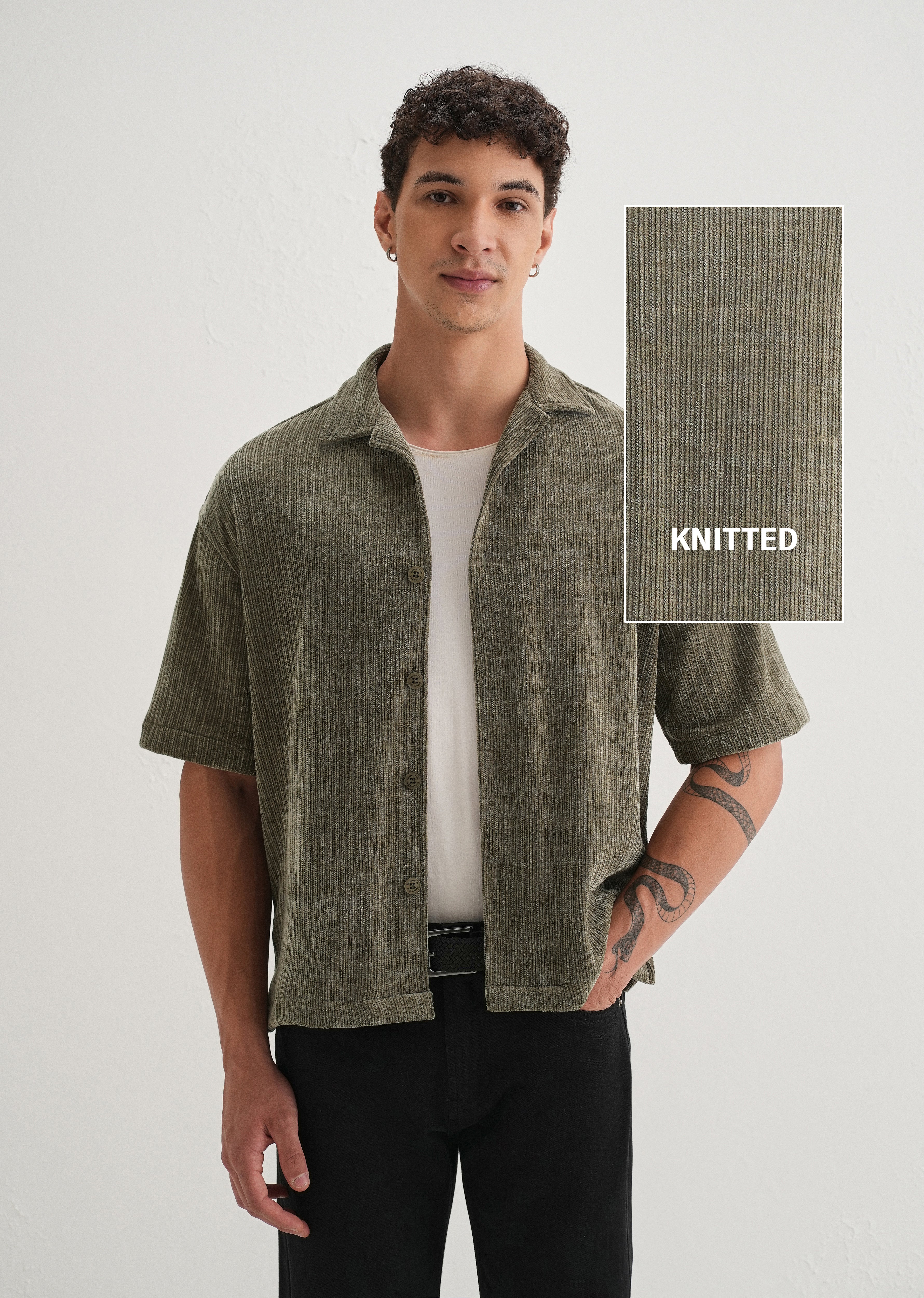 Khaki Olive Suede Knit Half Sleeve Shirt