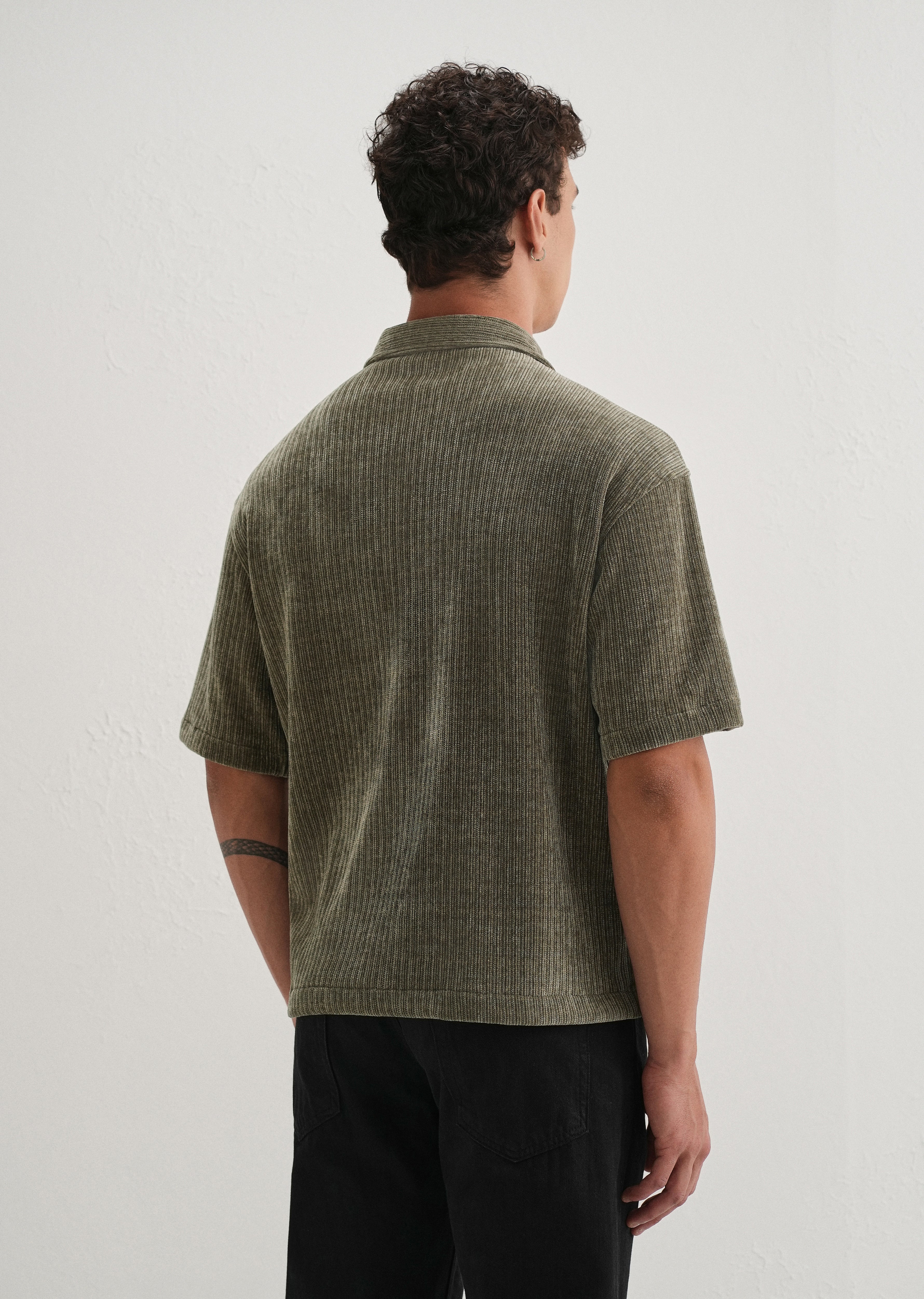 Khaki Olive Suede Knit Half Sleeve Shirt