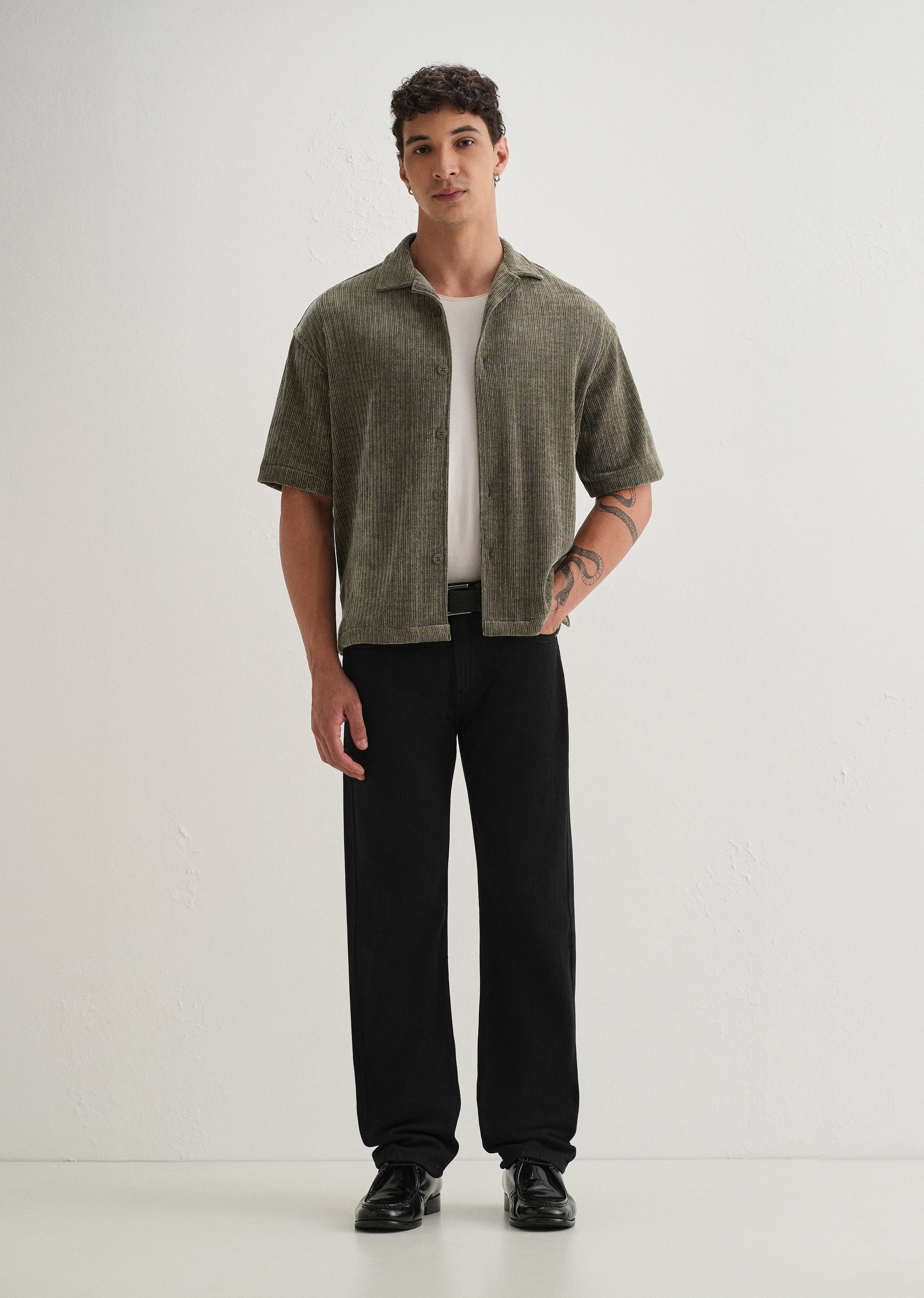Khaki Olive Suede Knit Half Sleeve Shirt