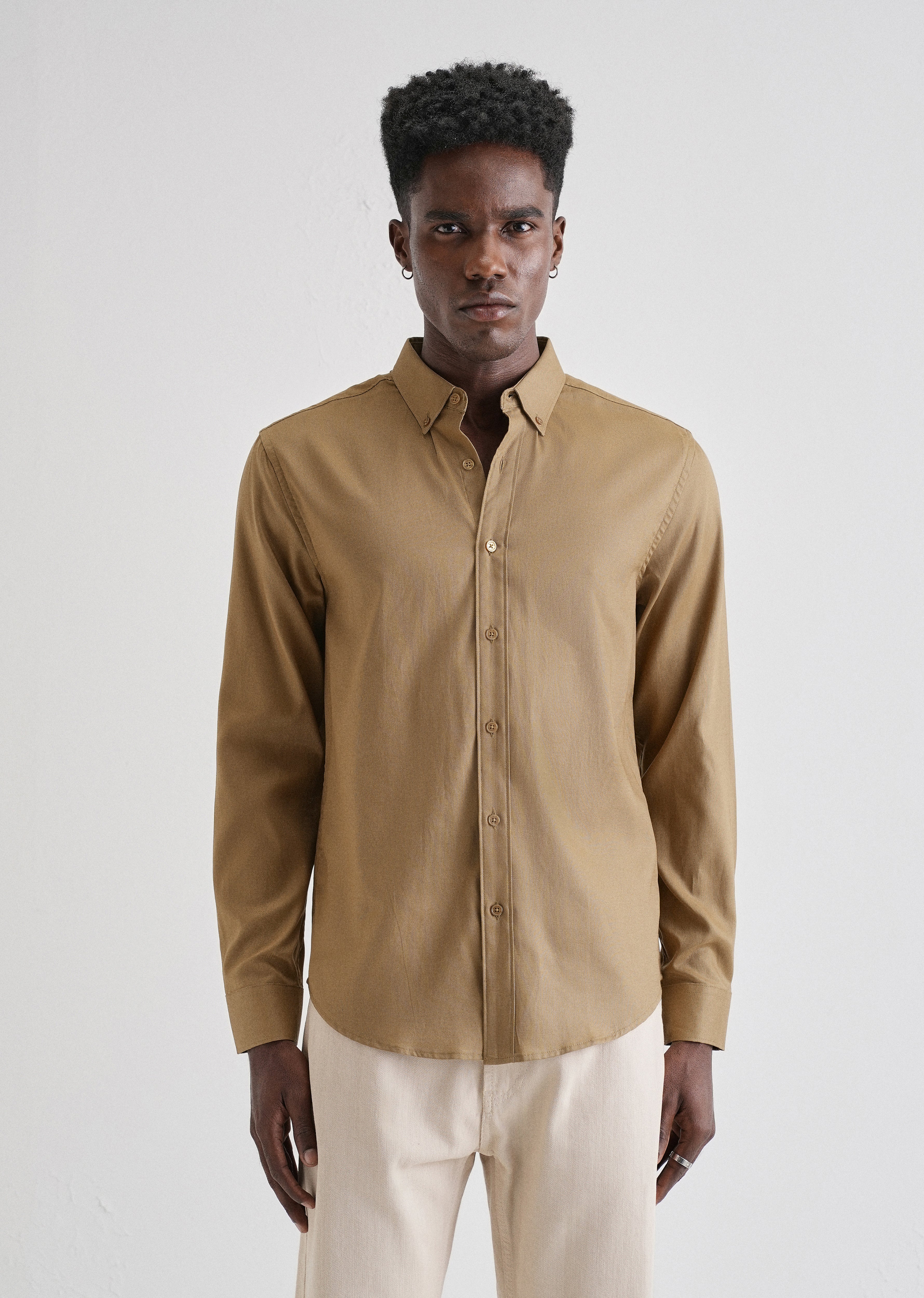 Khaki Plain Blended Cotton Regular Fit Shirt