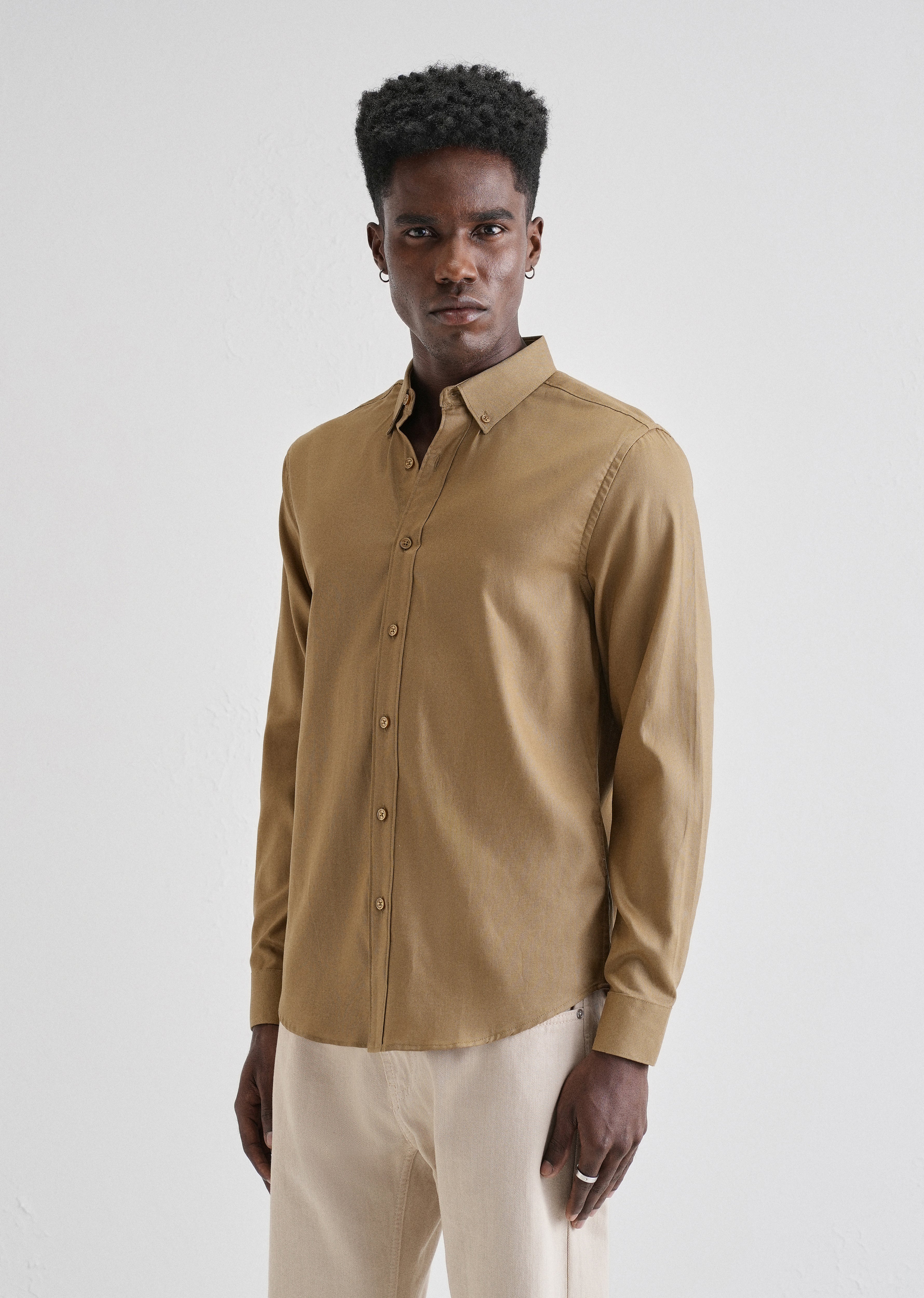 Khaki Plain Blended Cotton Regular Fit Shirt