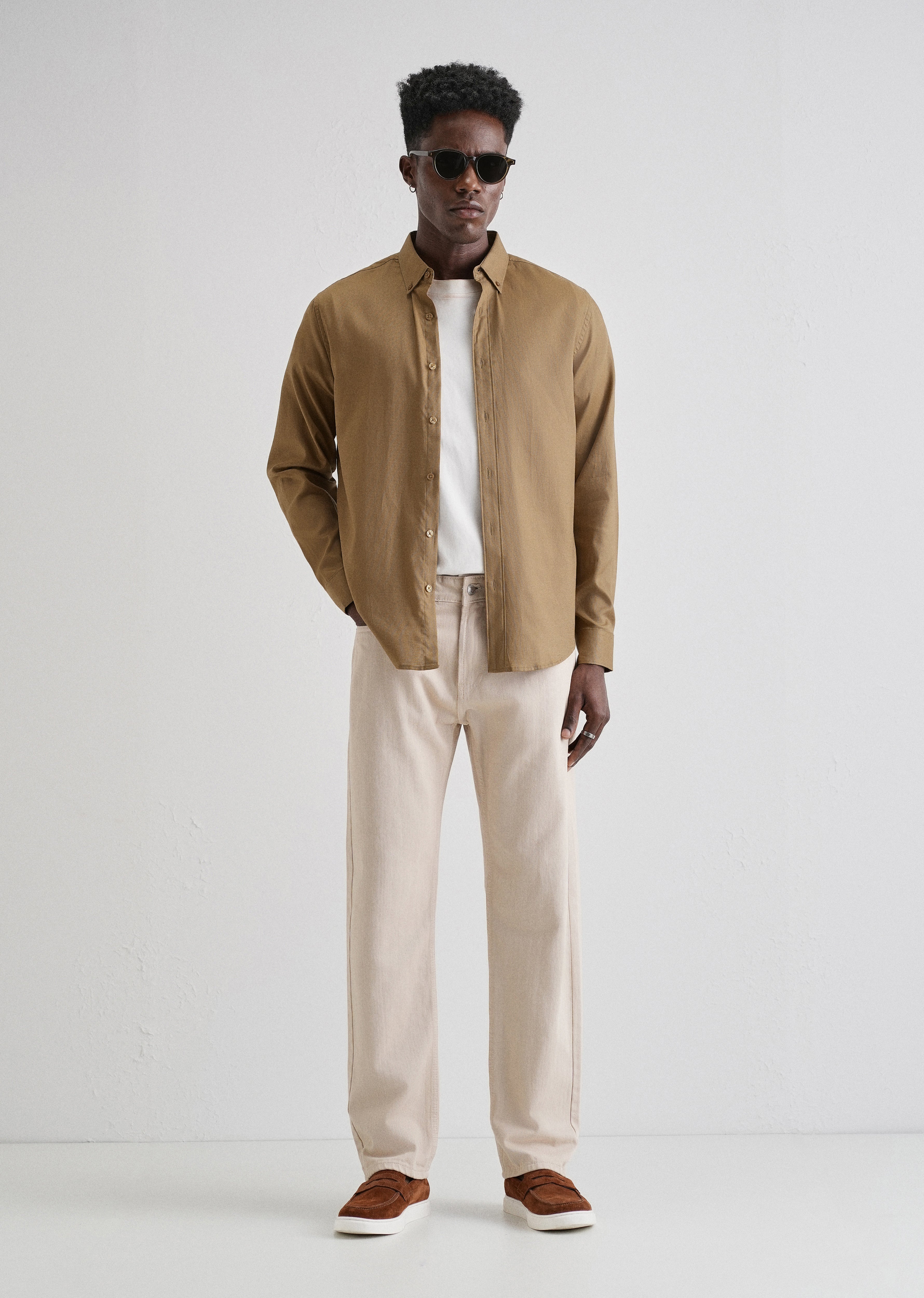 Khaki Plain Blended Cotton Regular Fit Shirt