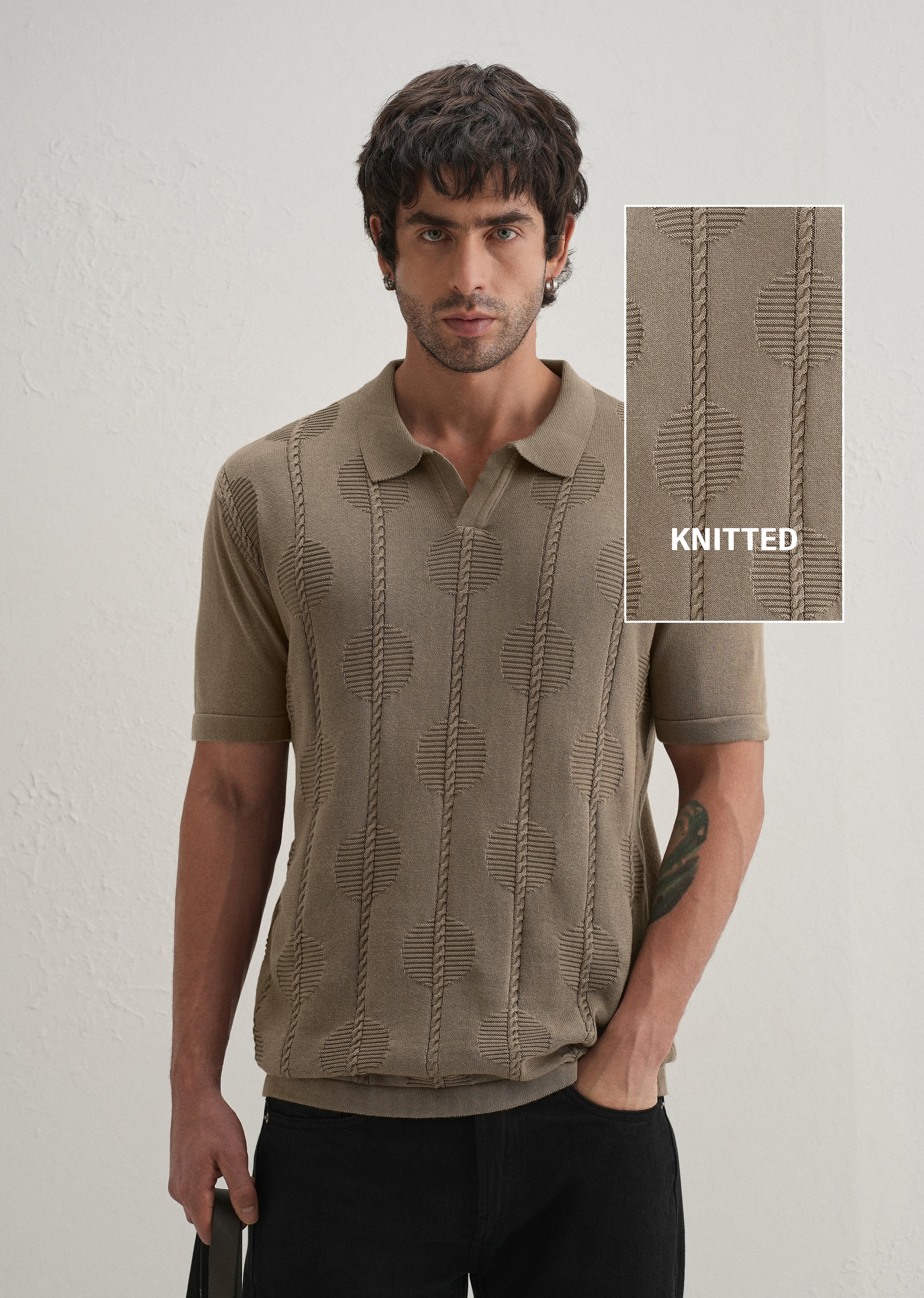 Knitted Taupe Beige Polo T-shirt