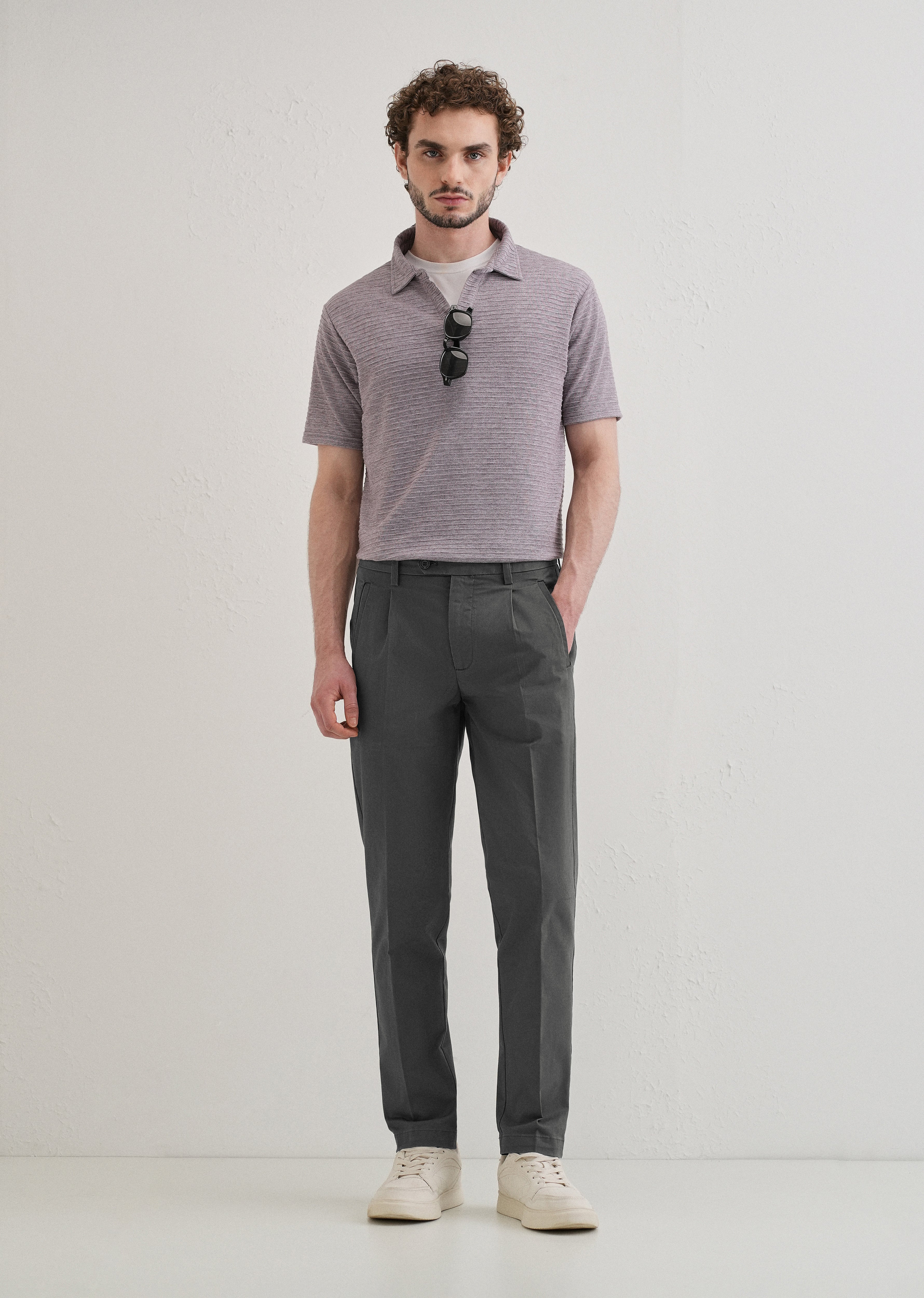 Lava Gray Plain Pleated Chinos