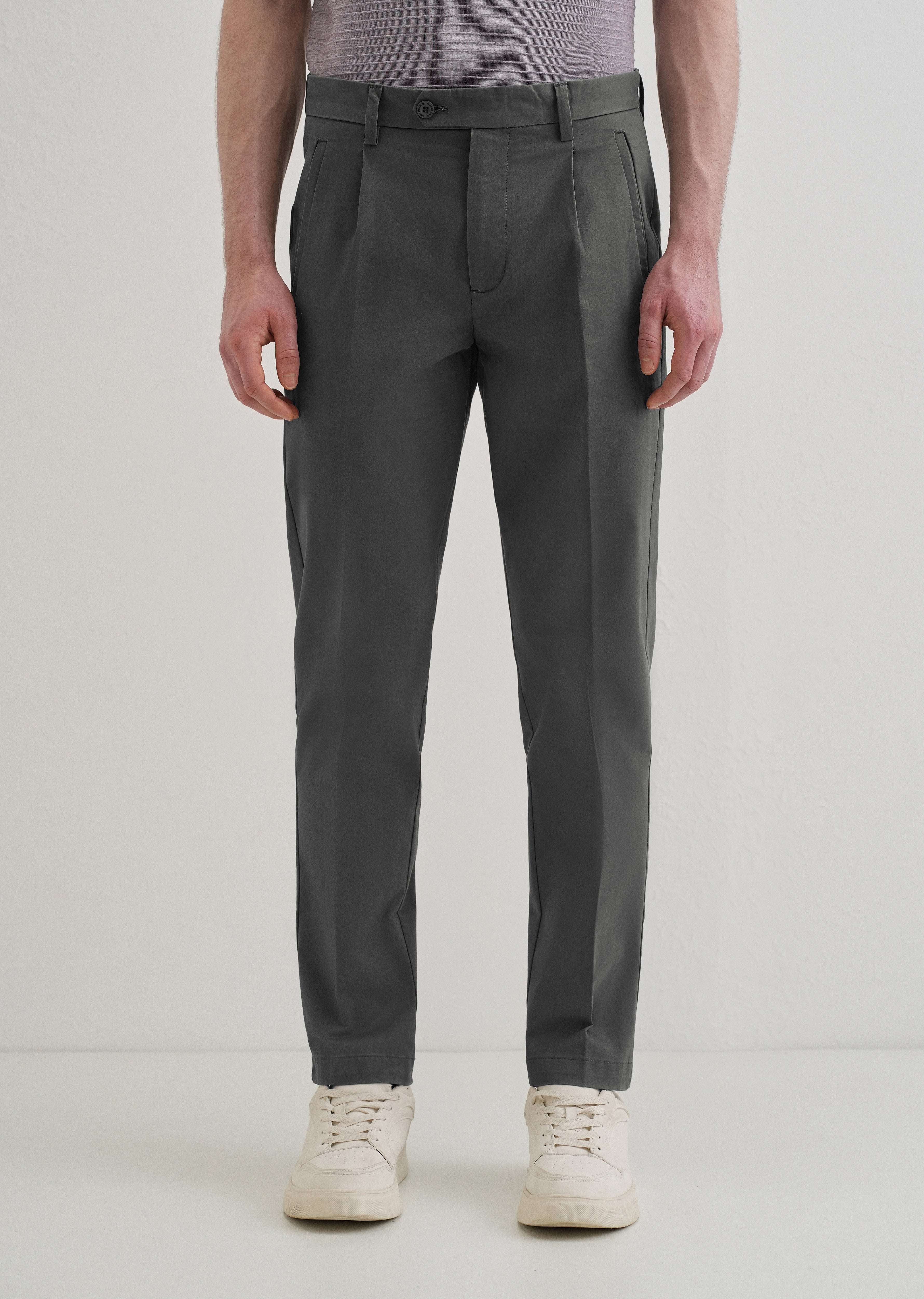 Lava Gray Plain Pleated Chinos