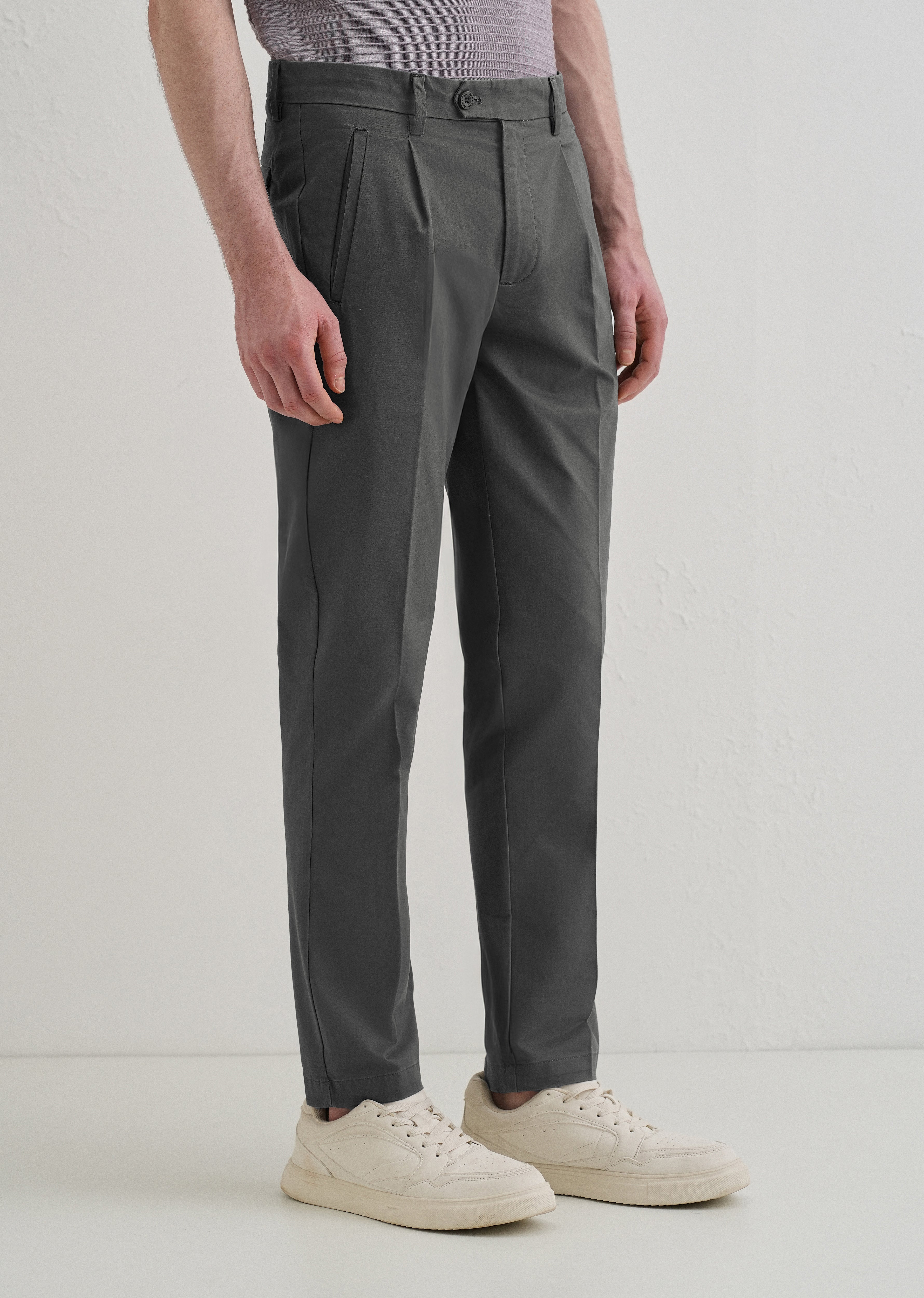Lava Gray Plain Pleated Chinos