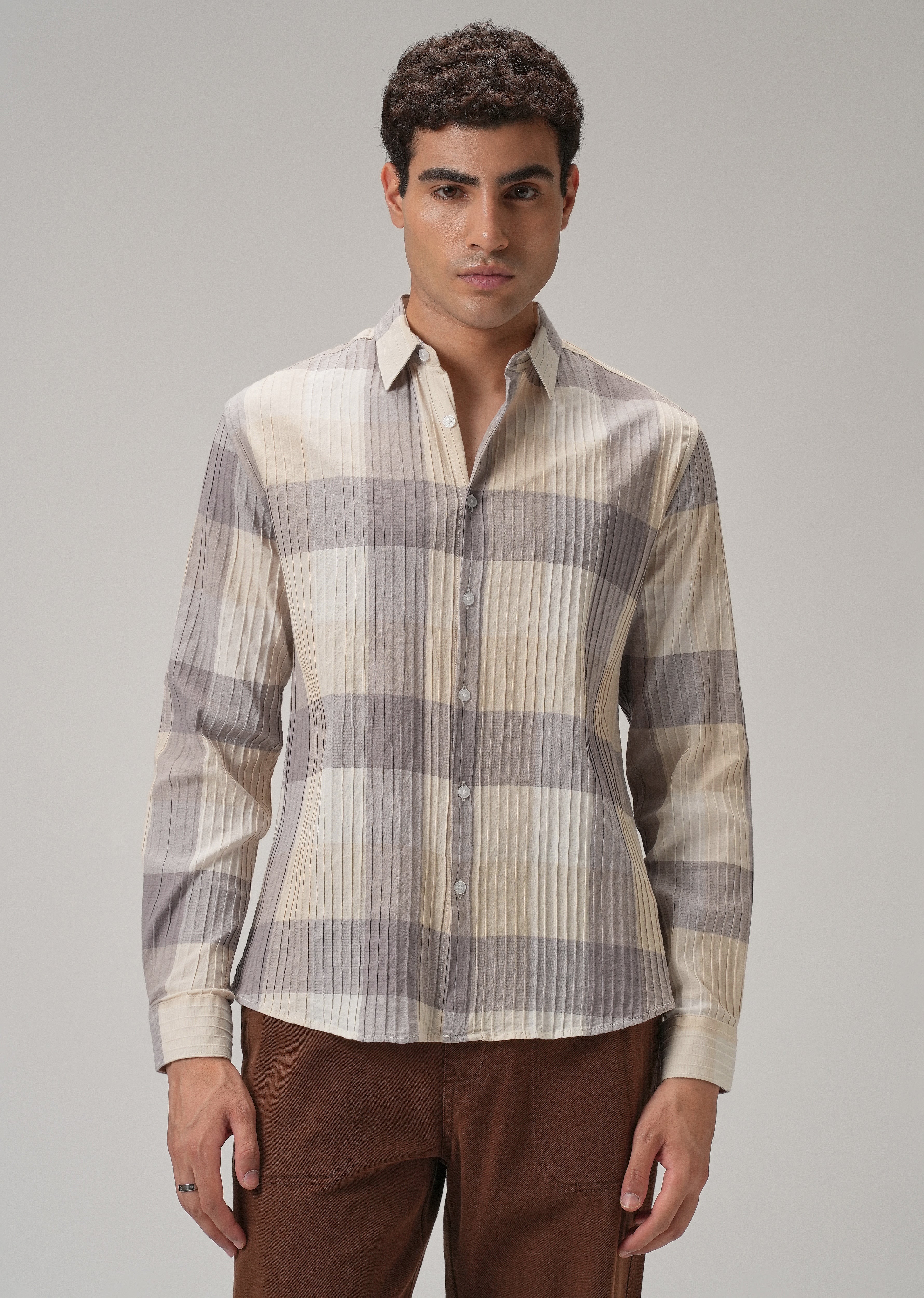 Self Pleat Lavender Beige Check Shirt