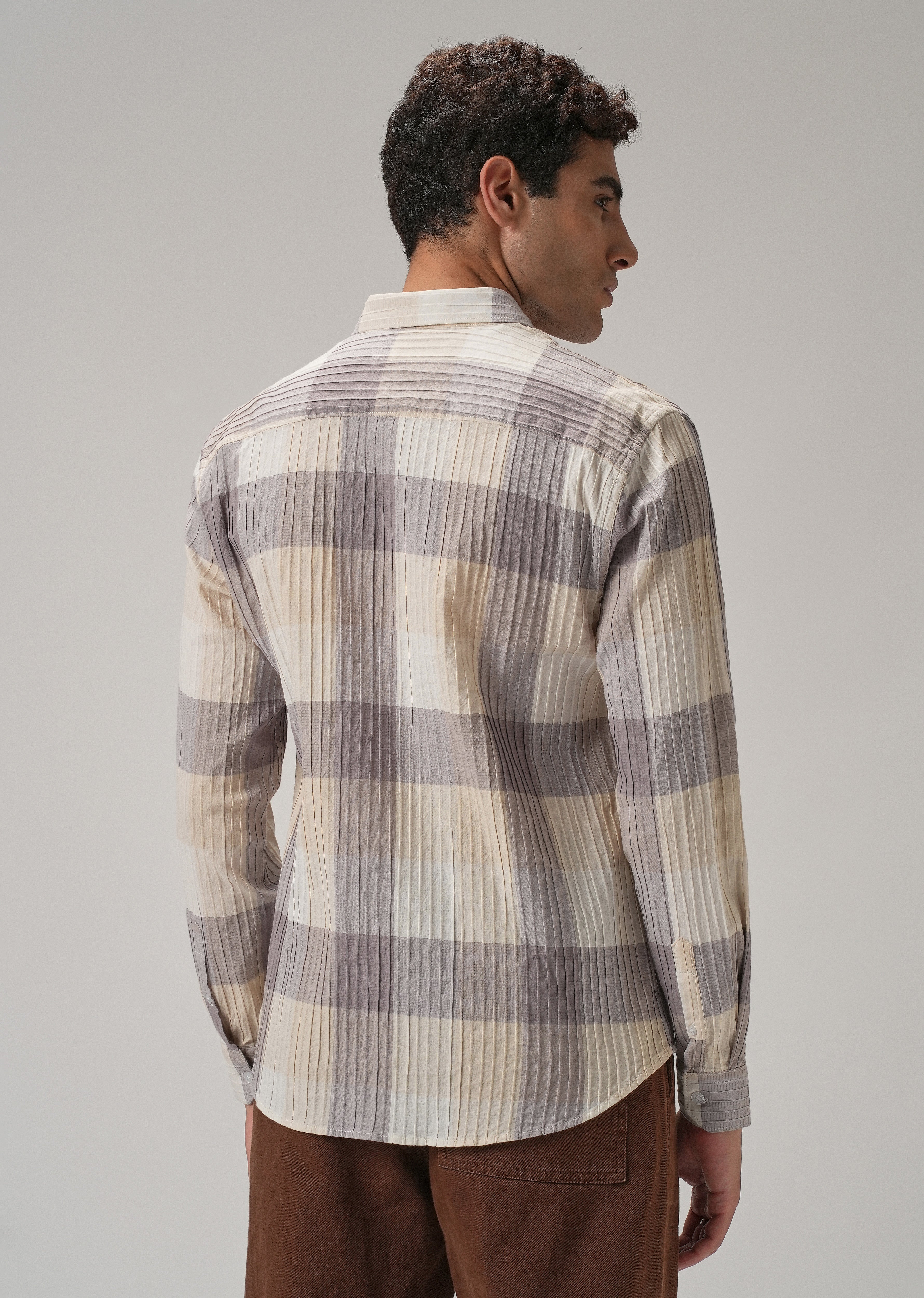 Self Pleat Lavender Beige Check Shirt