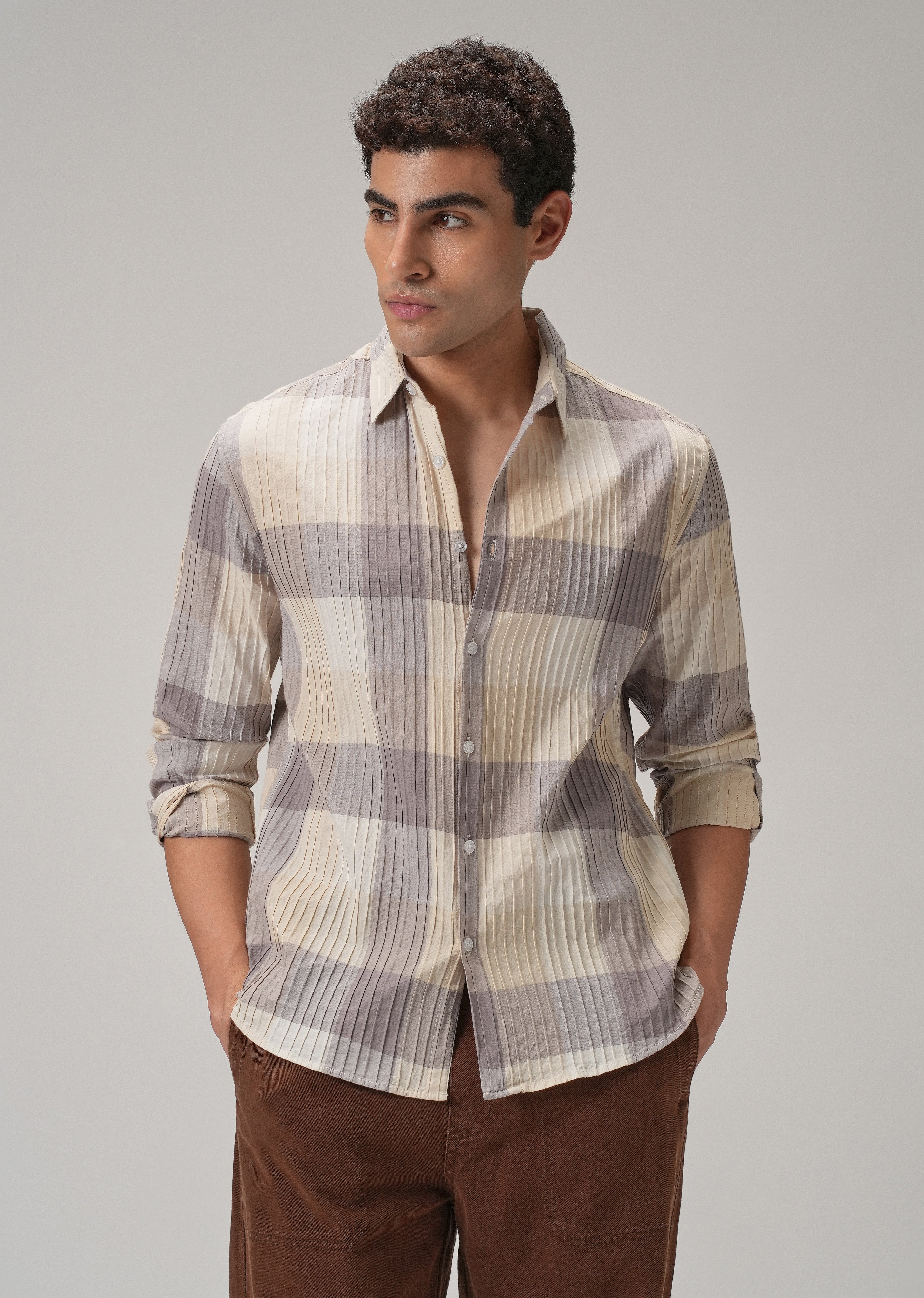 Self Pleat Lavender Beige Check Shirt